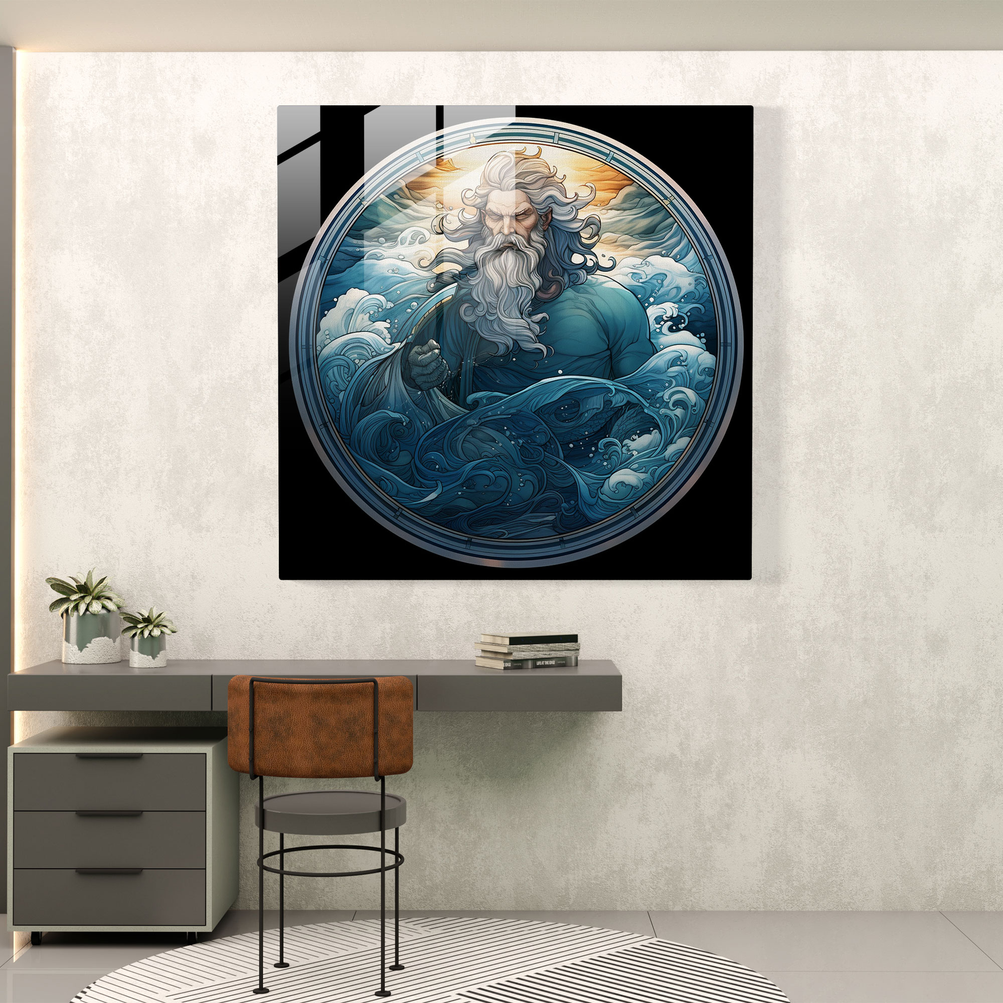 Glasbild 'Meeresherrschaft' - Modernes Kunstwerk griechischer Gott - Glaswandkunst