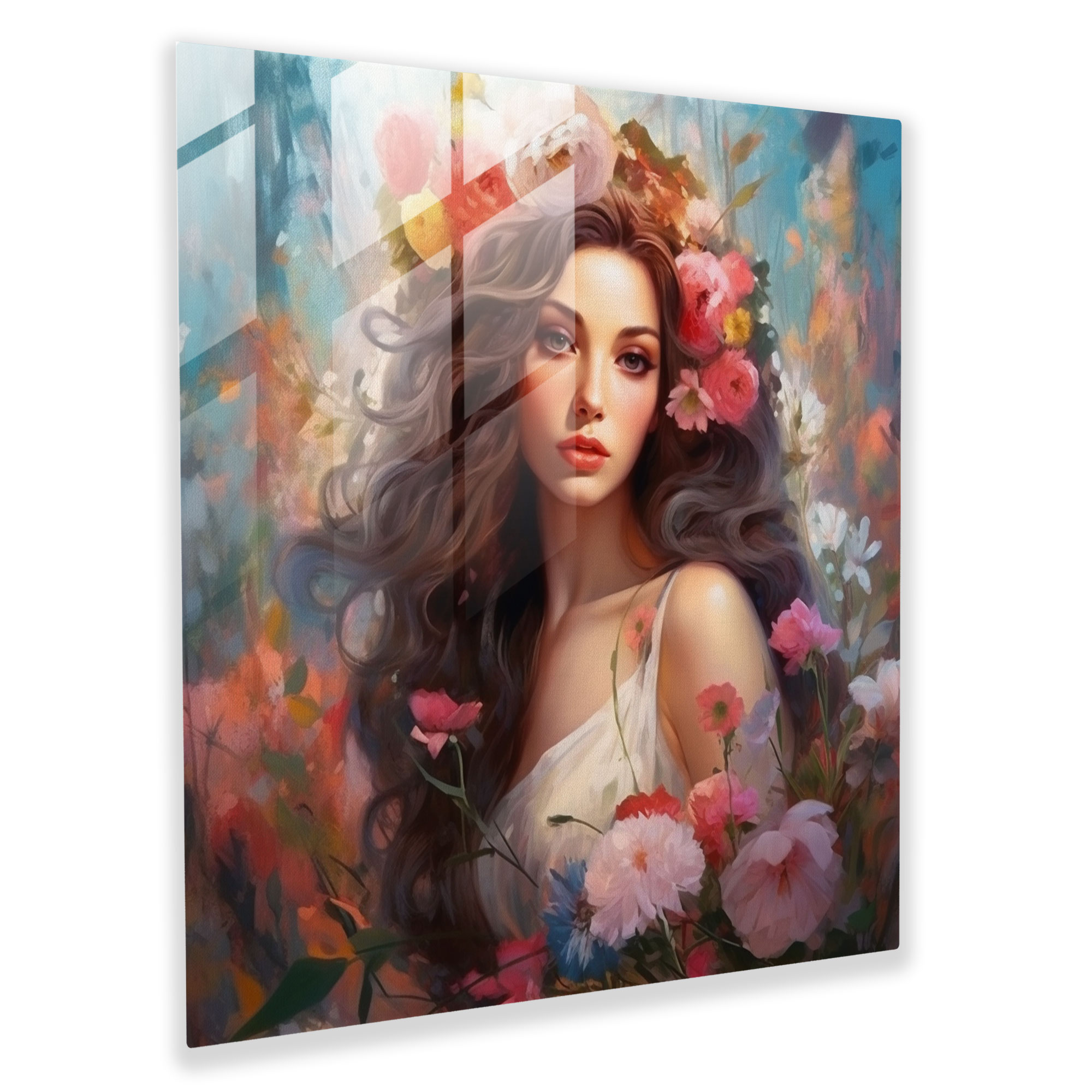 Griechische Göttin mit floralen Verzierungen auf edlem Glasbild