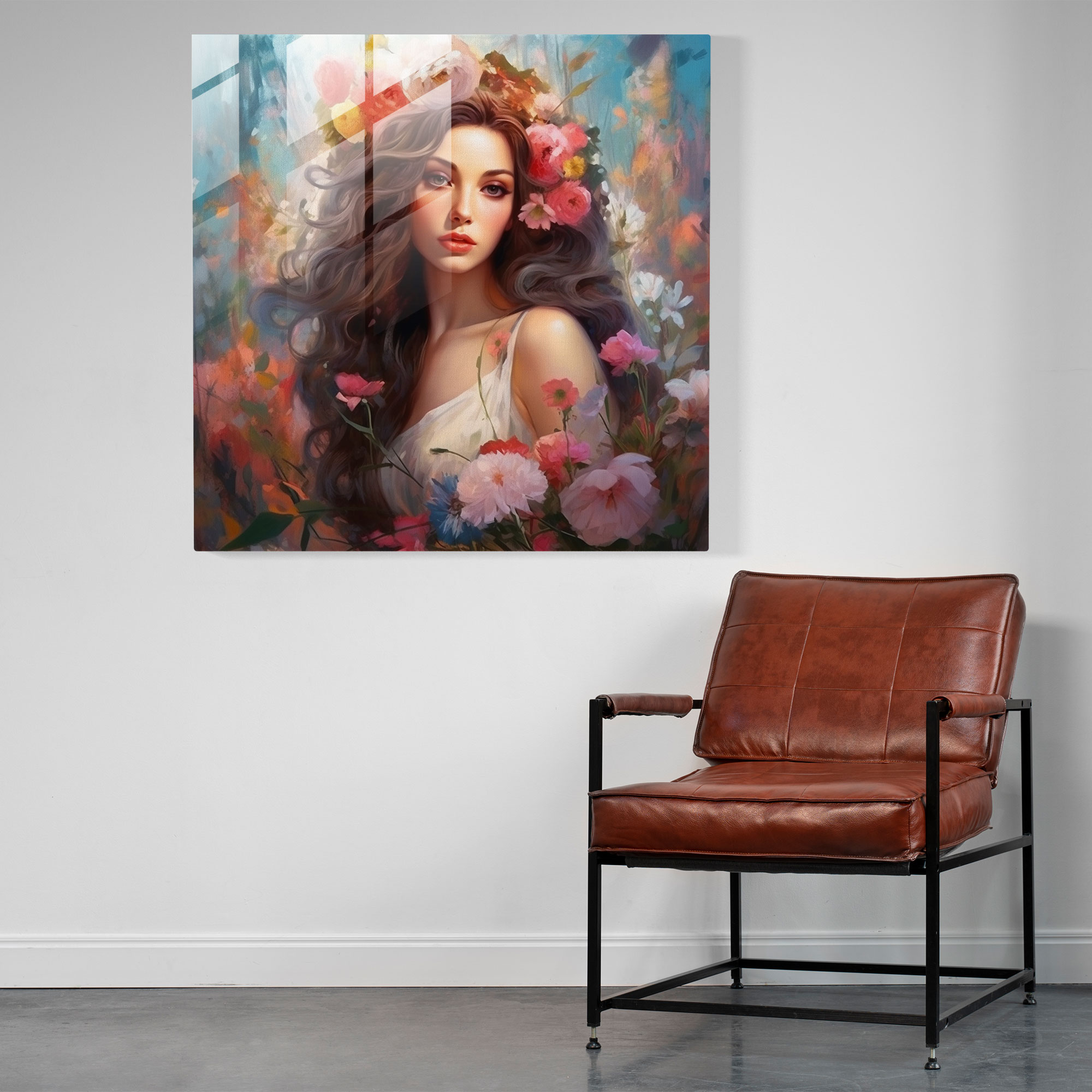 Griechische Göttin mit floralen Verzierungen auf edlem Glasbild