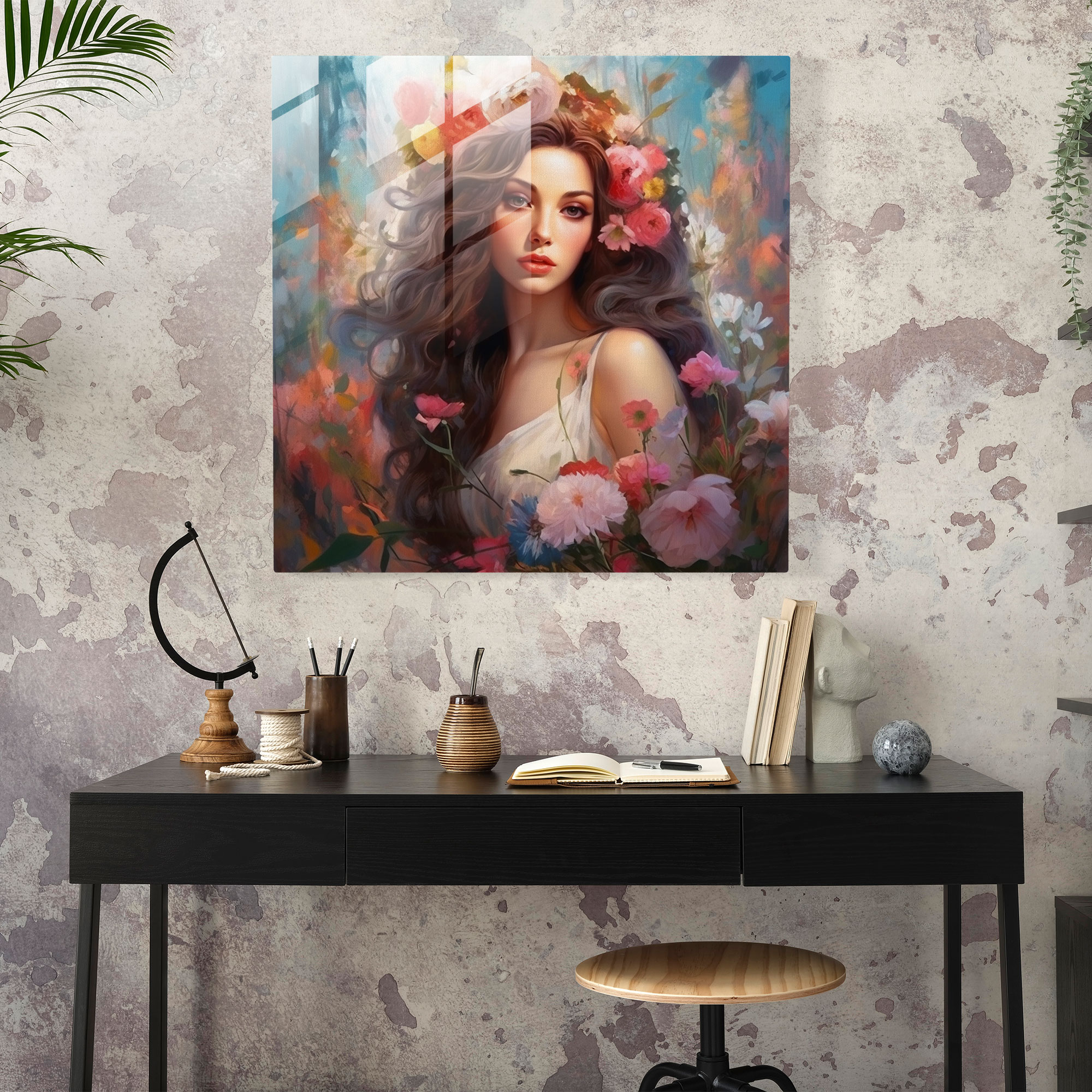 Griechische Göttin mit floralen Verzierungen auf edlem Glasbild
