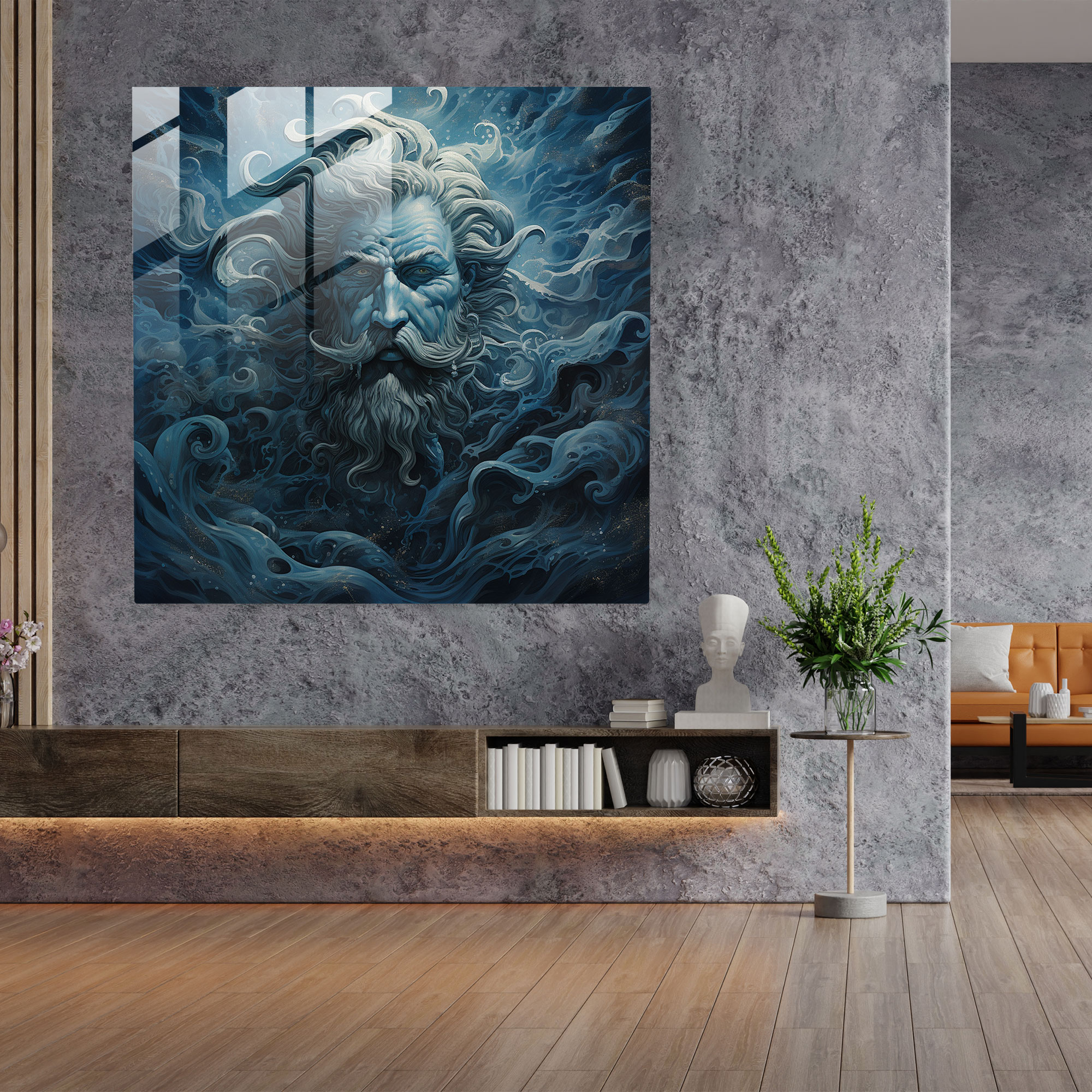Faszinierendes Glasbild von Poseidon aus den wirbelnden Fluten