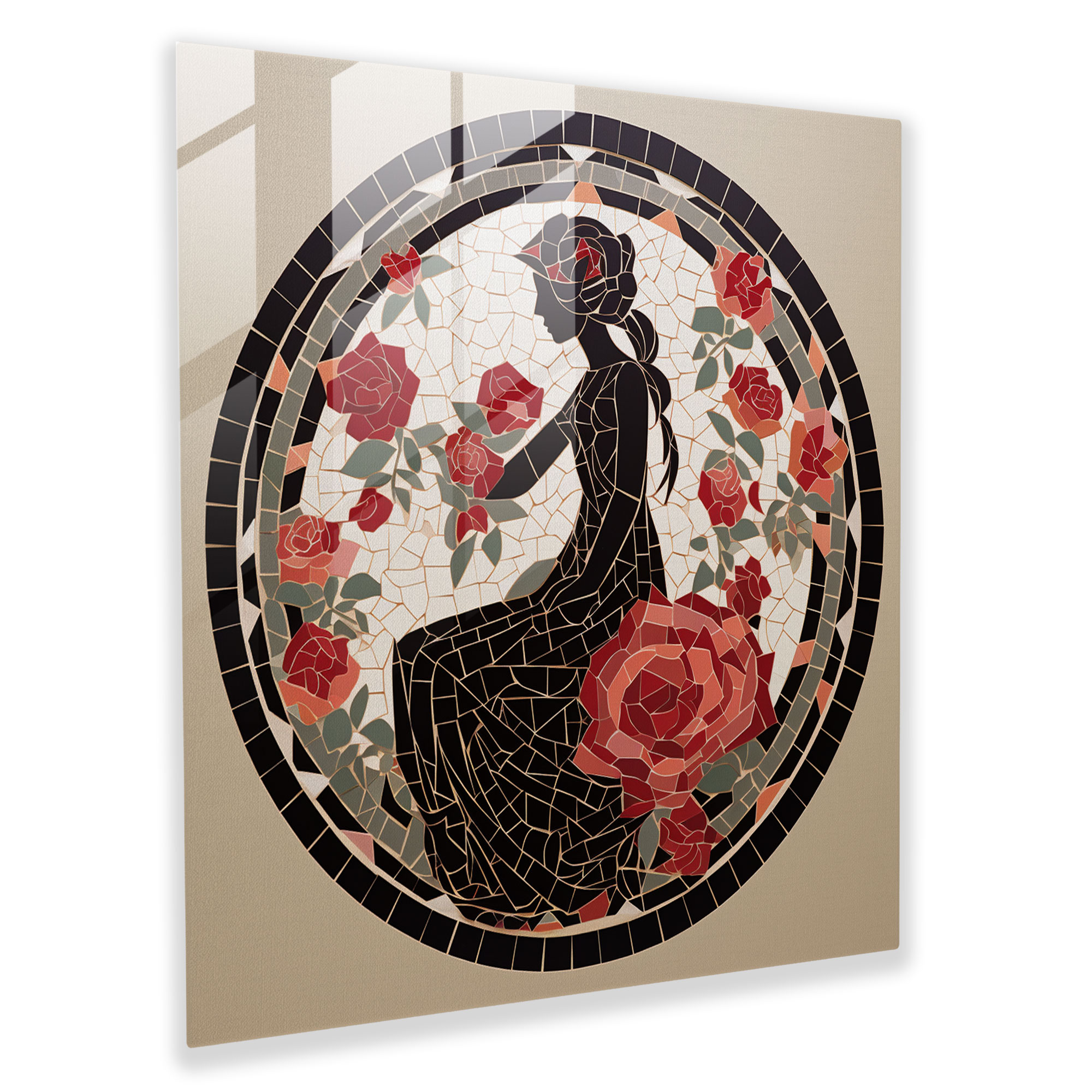 Glasbild der Aphrodite mit floralen Mosaik-Elementen in minimalistischem Stil