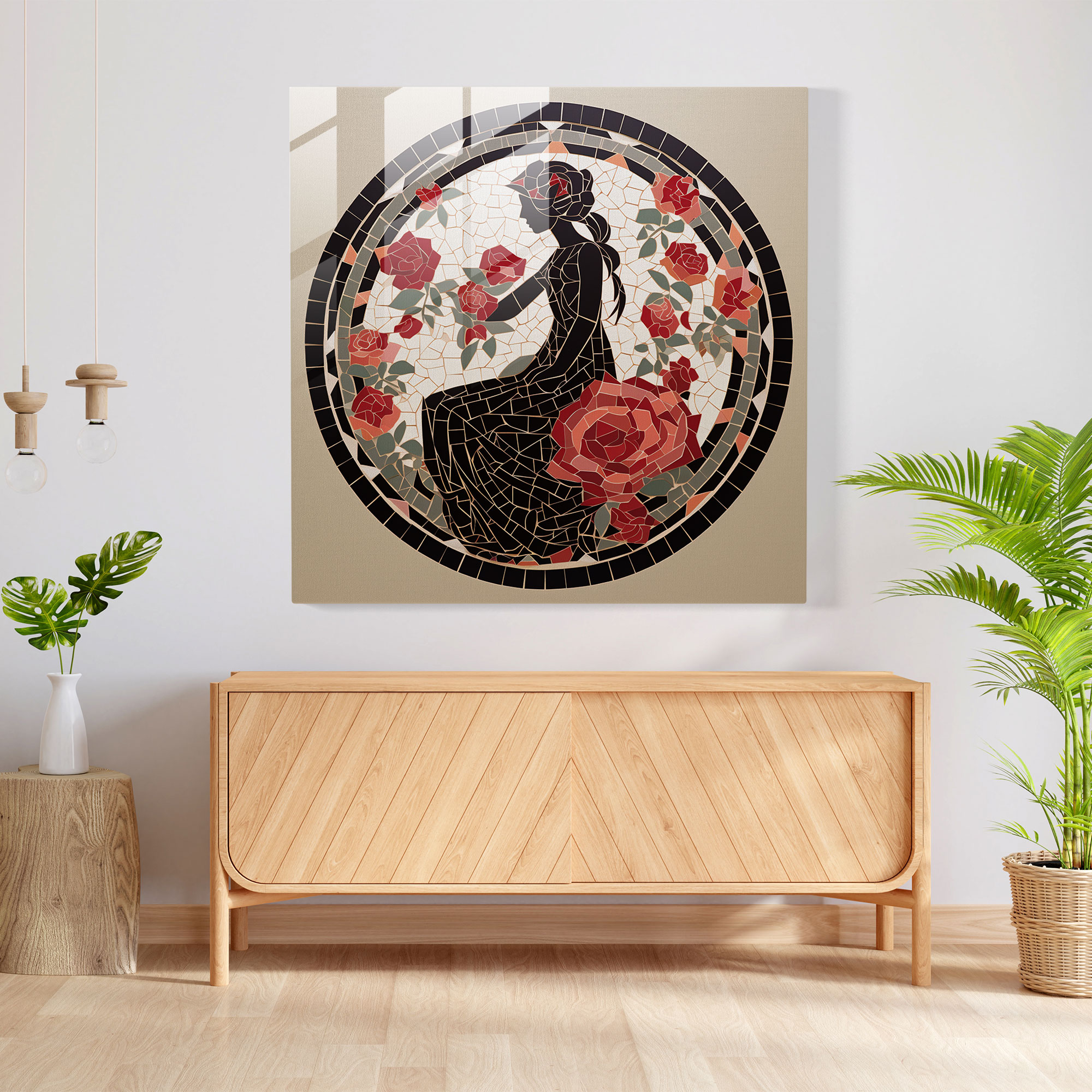 Glasbild der Aphrodite mit floralen Mosaik-Elementen in minimalistischem Stil