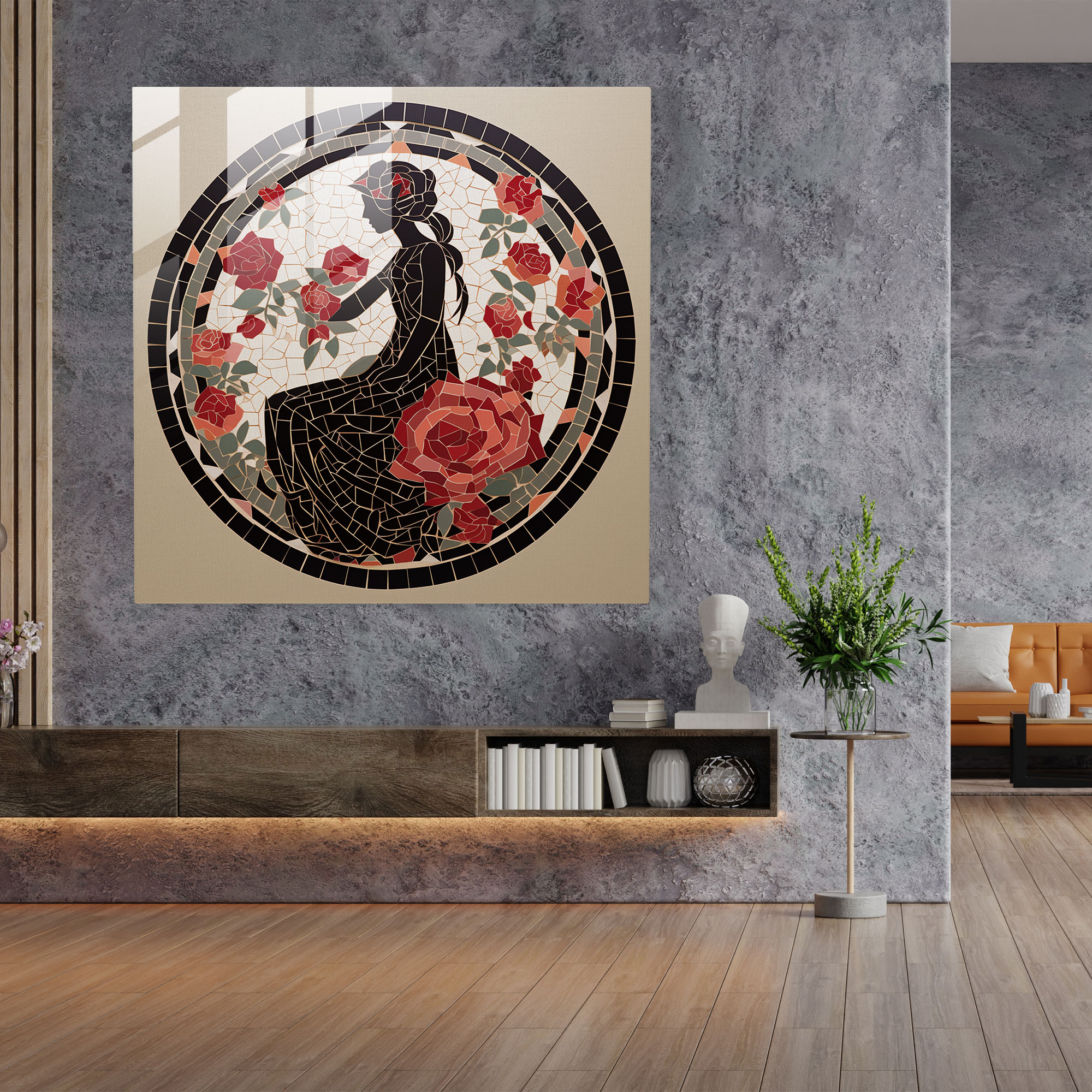 Glasbild der Aphrodite mit floralen Mosaik-Elementen in minimalistischem Stil