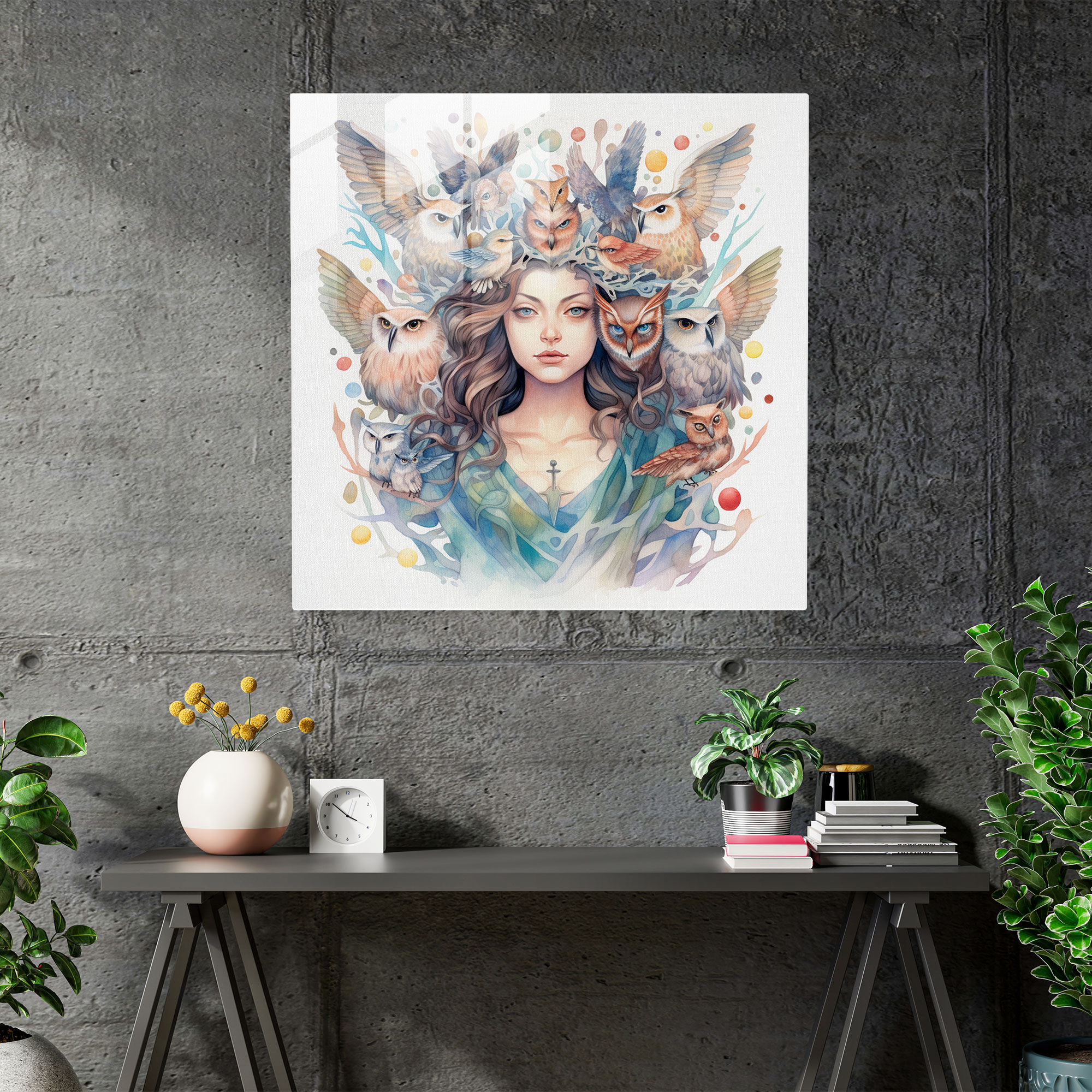 Enchanting Glass Print of Athena Surrounded by Soaring Owls - Watercolor Magic