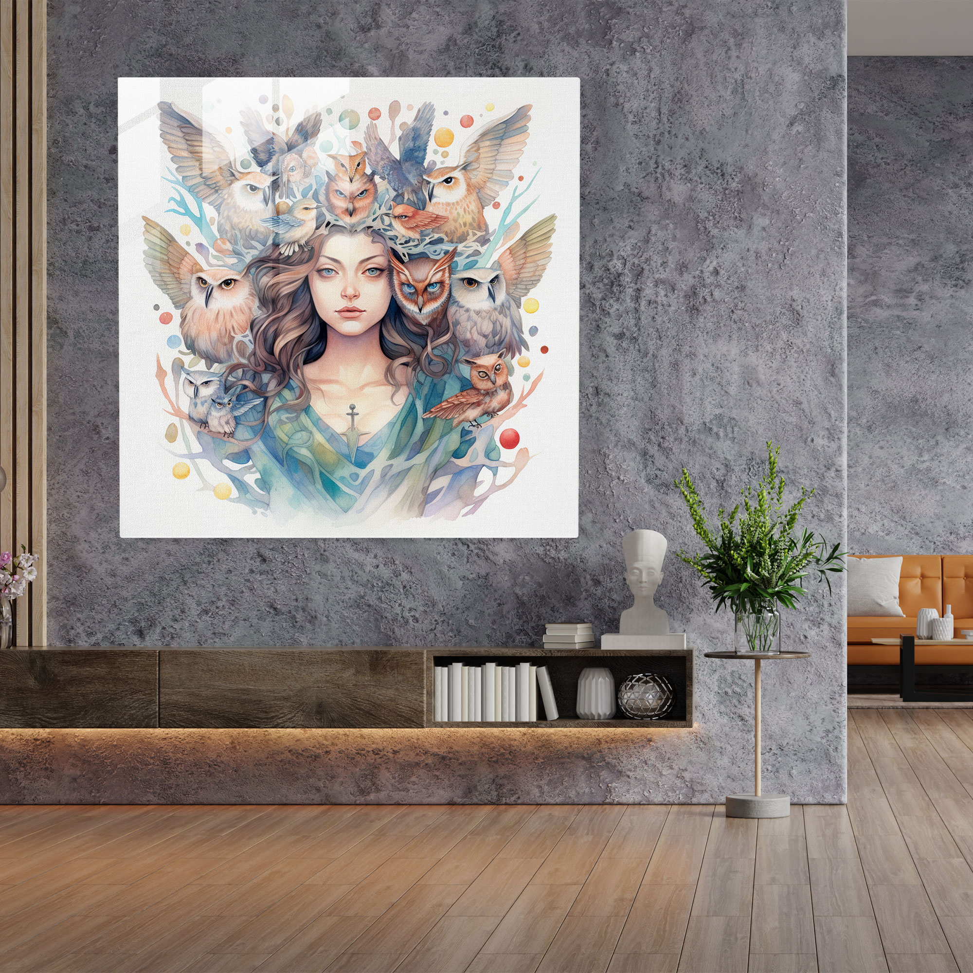 Enchanting Glass Print of Athena Surrounded by Soaring Owls - Watercolor Magic