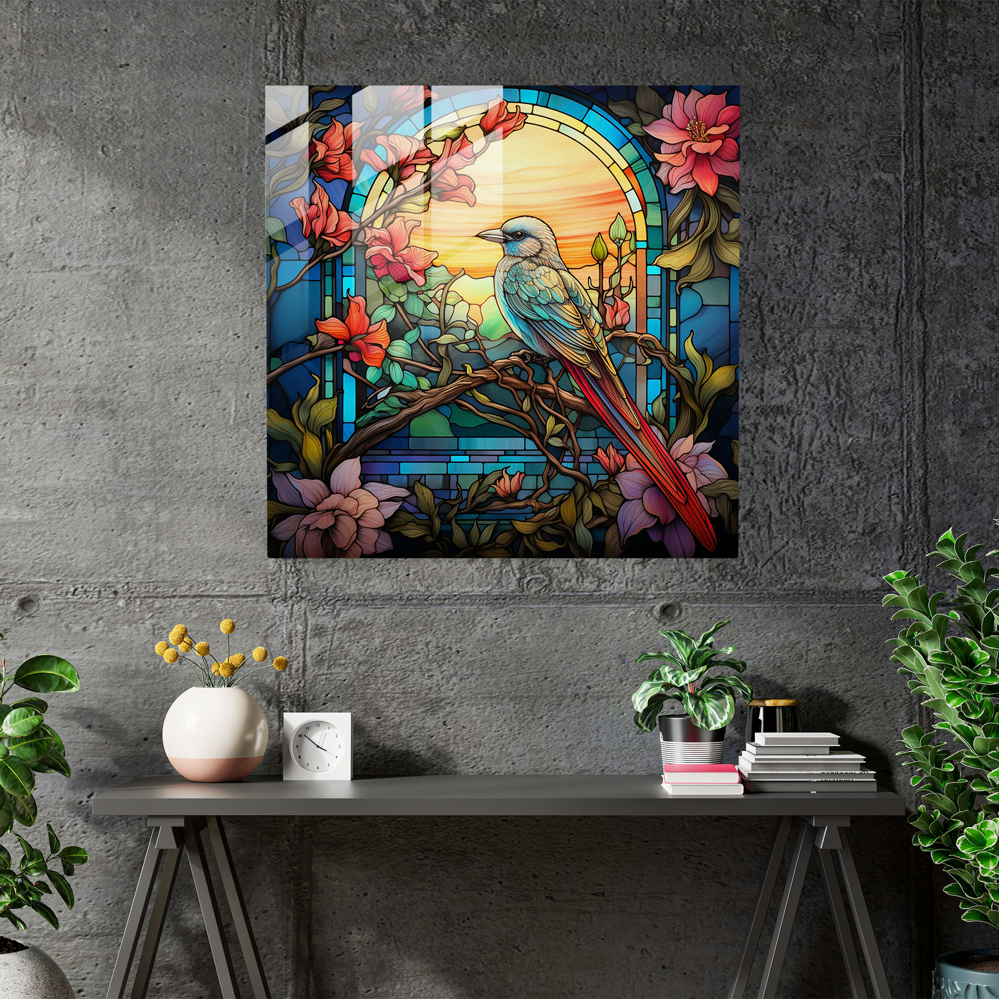 Zarif Vitray Baskı - Art Nouveau Flora ve Fauna - Duvar Dekorasyonu