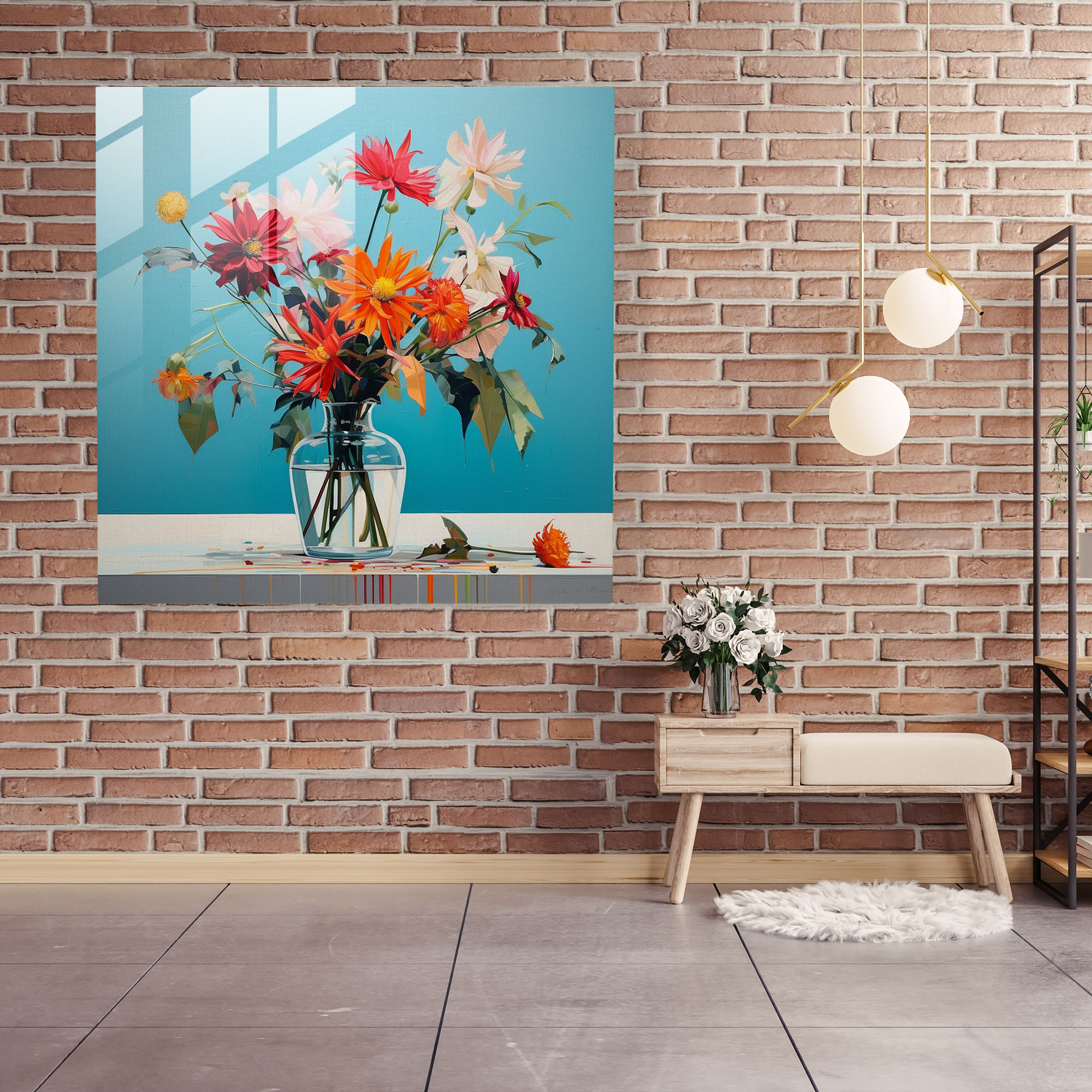 Blooming Serenity Glass Print - Vibrant Flower Arrangement in a Contemporary Still Life Painting - Minimalist Setting