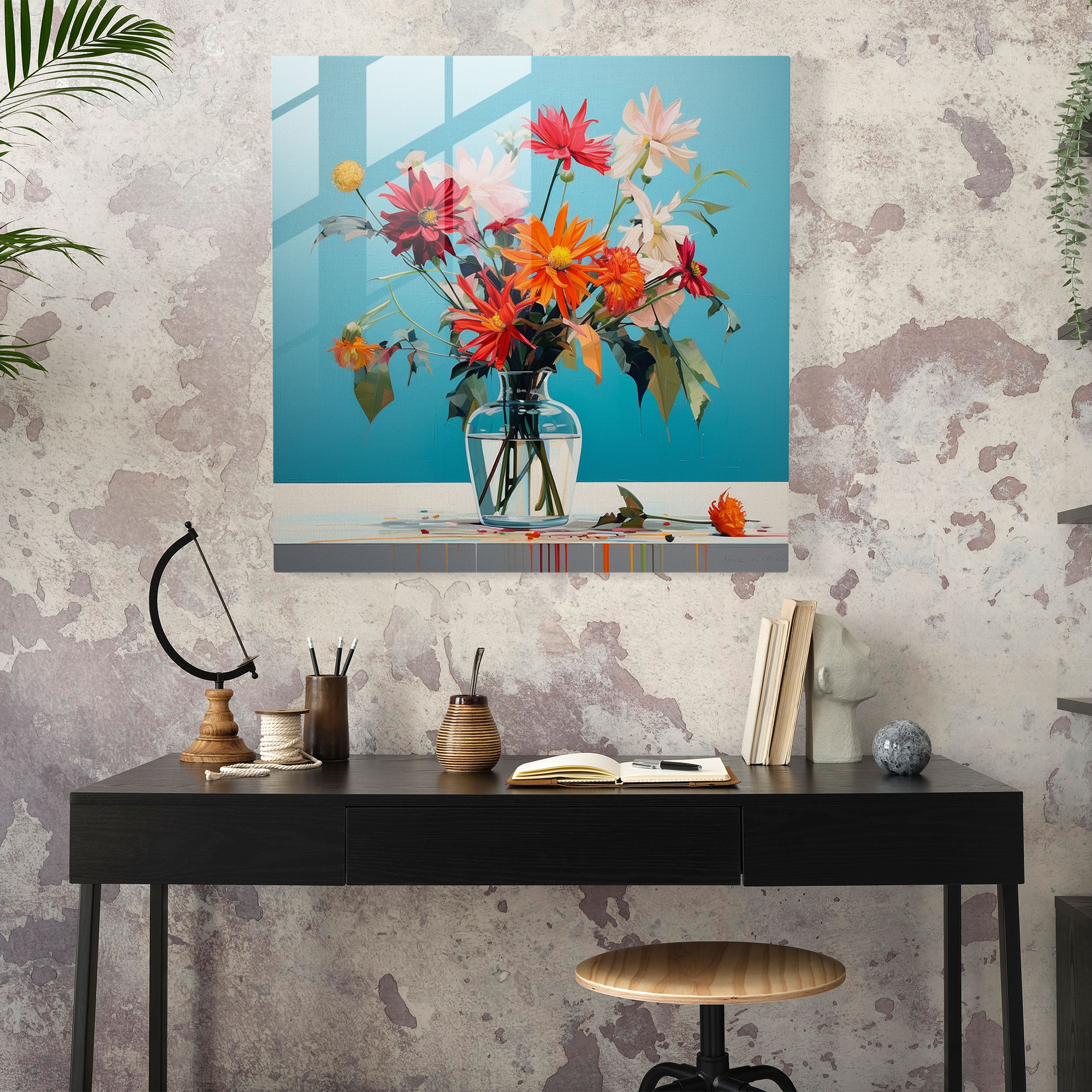 Blooming Serenity Glass Print - Vibrant Flower Arrangement in a Contemporary Still Life Painting - Minimalist Setting