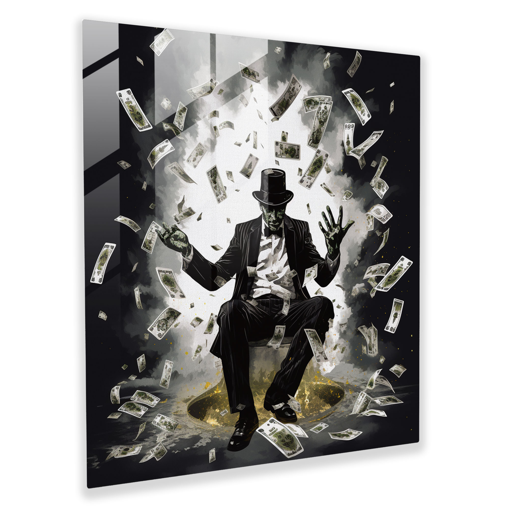 Elegant Glass Print of Surreal Gangster Silhouette with Floating Dollar Bills and Playing Cards - Unique Home Decoration and Wall Decor