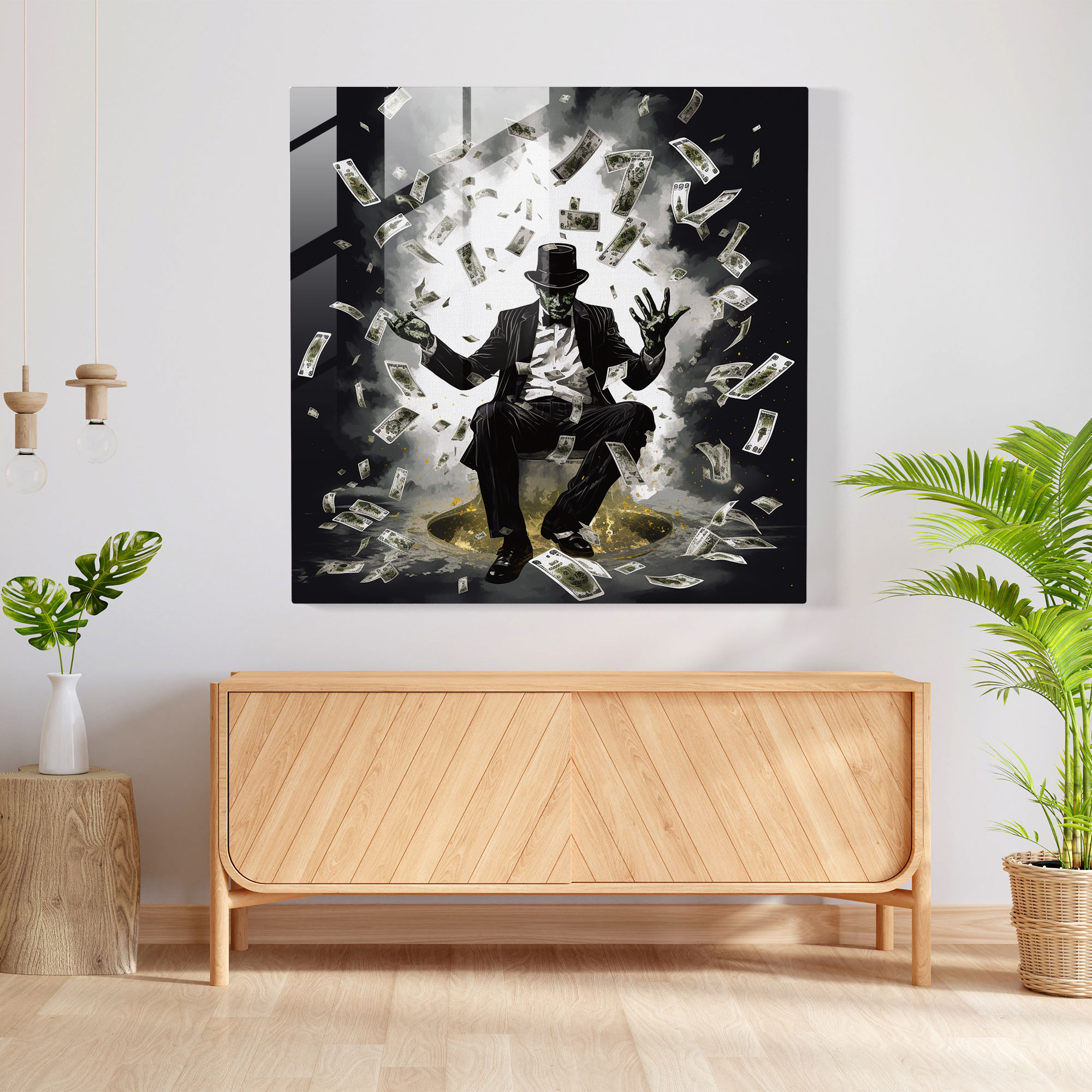 Elegant Glass Print of Surreal Gangster Silhouette with Floating Dollar Bills and Playing Cards - Unique Home Decoration and Wall Decor