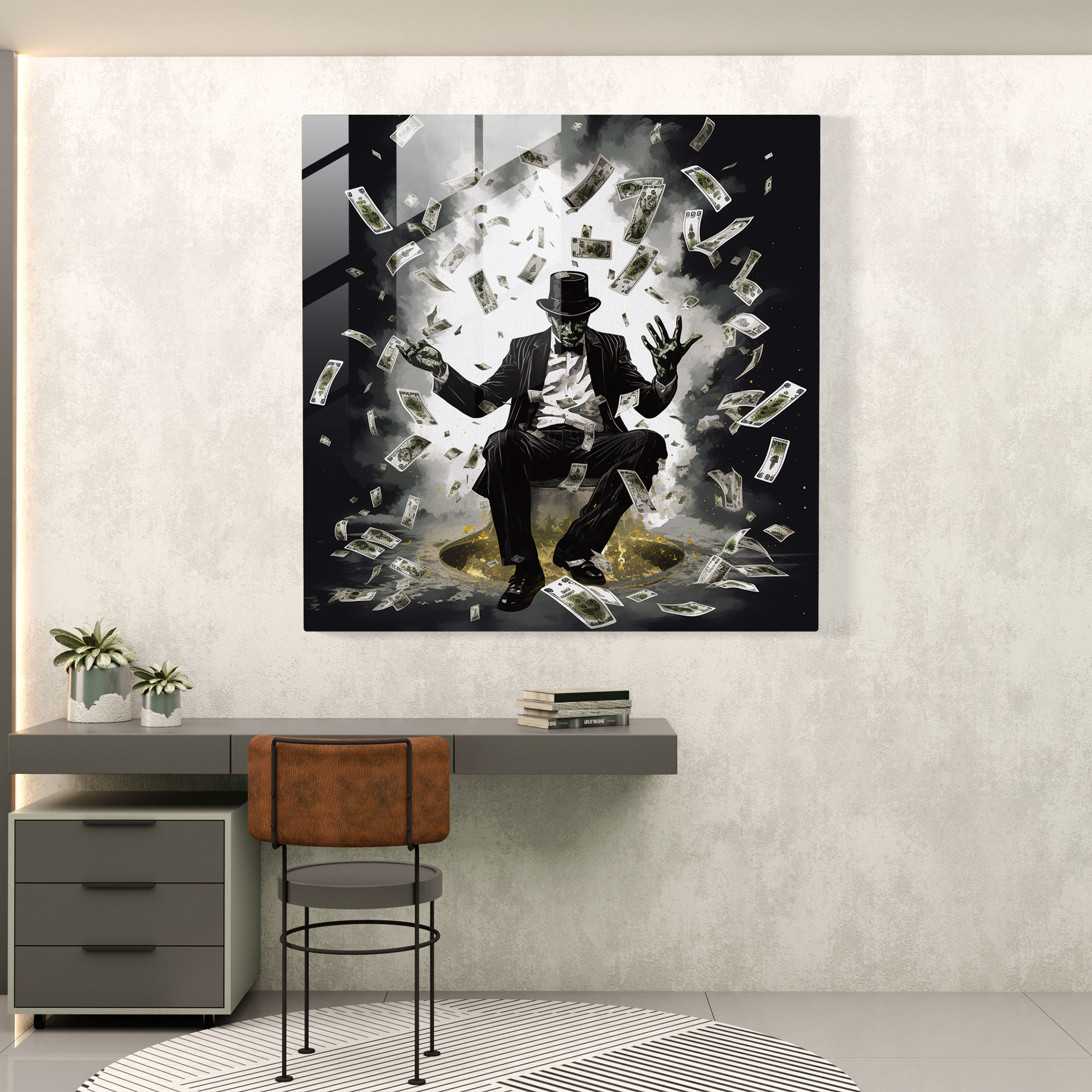 Elegant Glass Print of Surreal Gangster Silhouette with Floating Dollar Bills and Playing Cards - Unique Home Decoration and Wall Decor