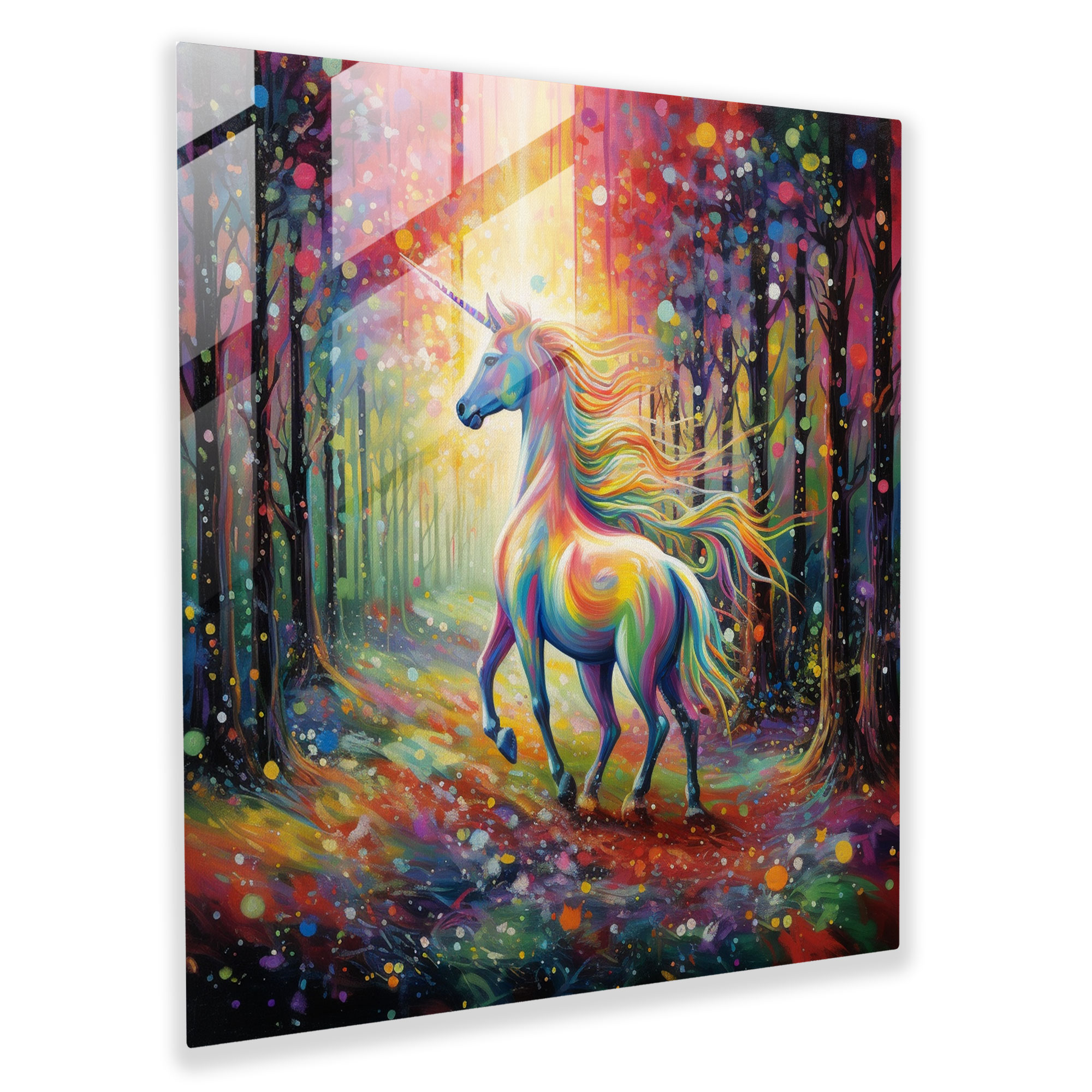 Parıltılı Cam Tablo - Gökkuşağılı Unicorn Büyülü Ormanda - Parıltı Duvar Süsü Büyülü Orman Ev Dekorasyonu