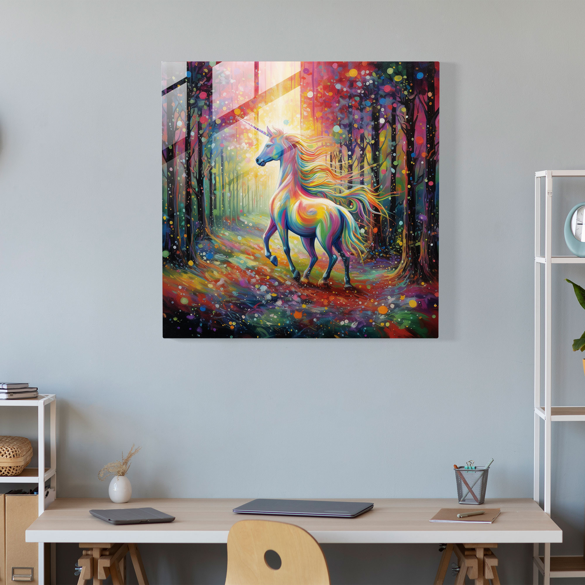 Parıltılı Cam Tablo - Gökkuşağılı Unicorn Büyülü Ormanda - Parıltı Duvar Süsü Büyülü Orman Ev Dekorasyonu