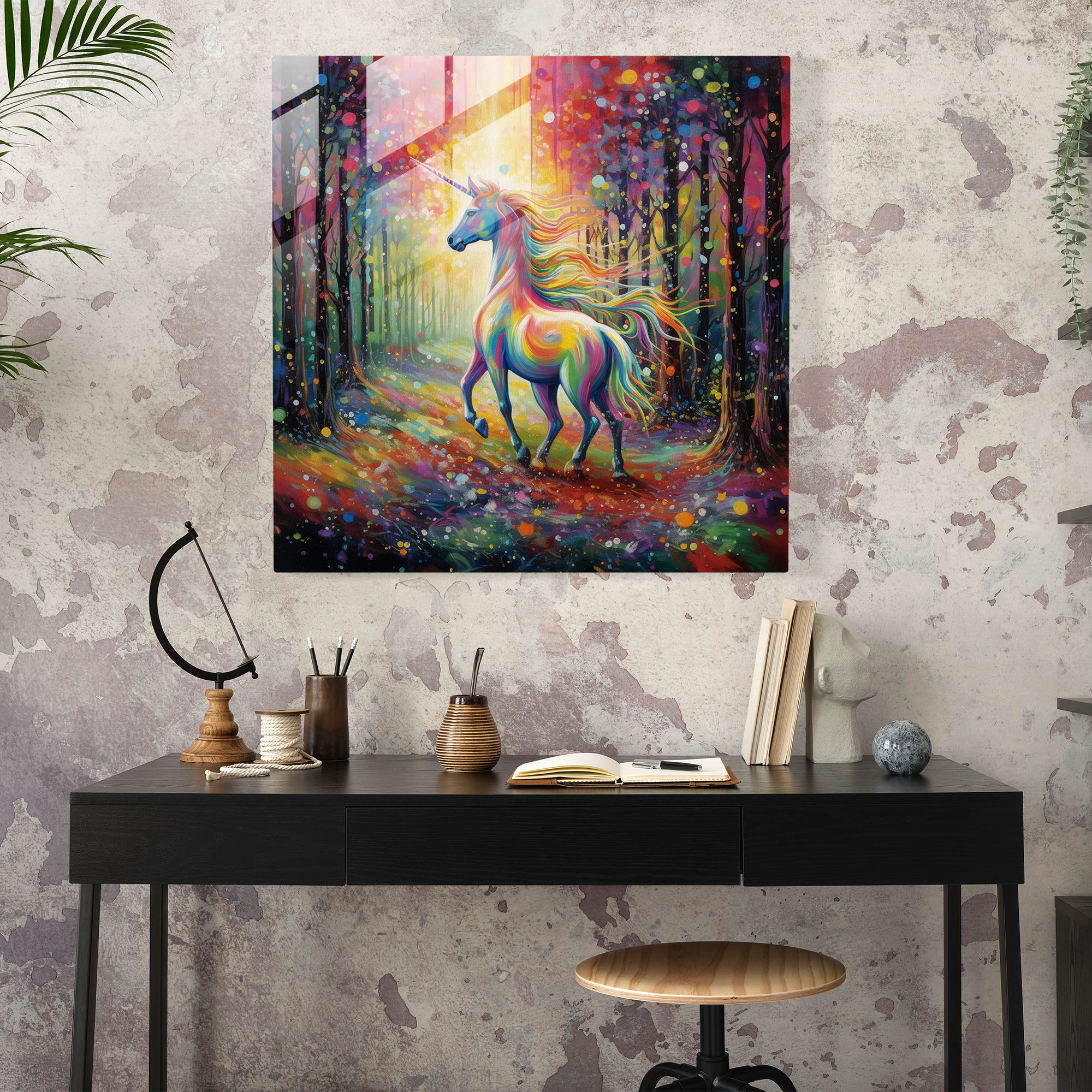 Parıltılı Cam Tablo - Gökkuşağılı Unicorn Büyülü Ormanda - Parıltı Duvar Süsü Büyülü Orman Ev Dekorasyonu