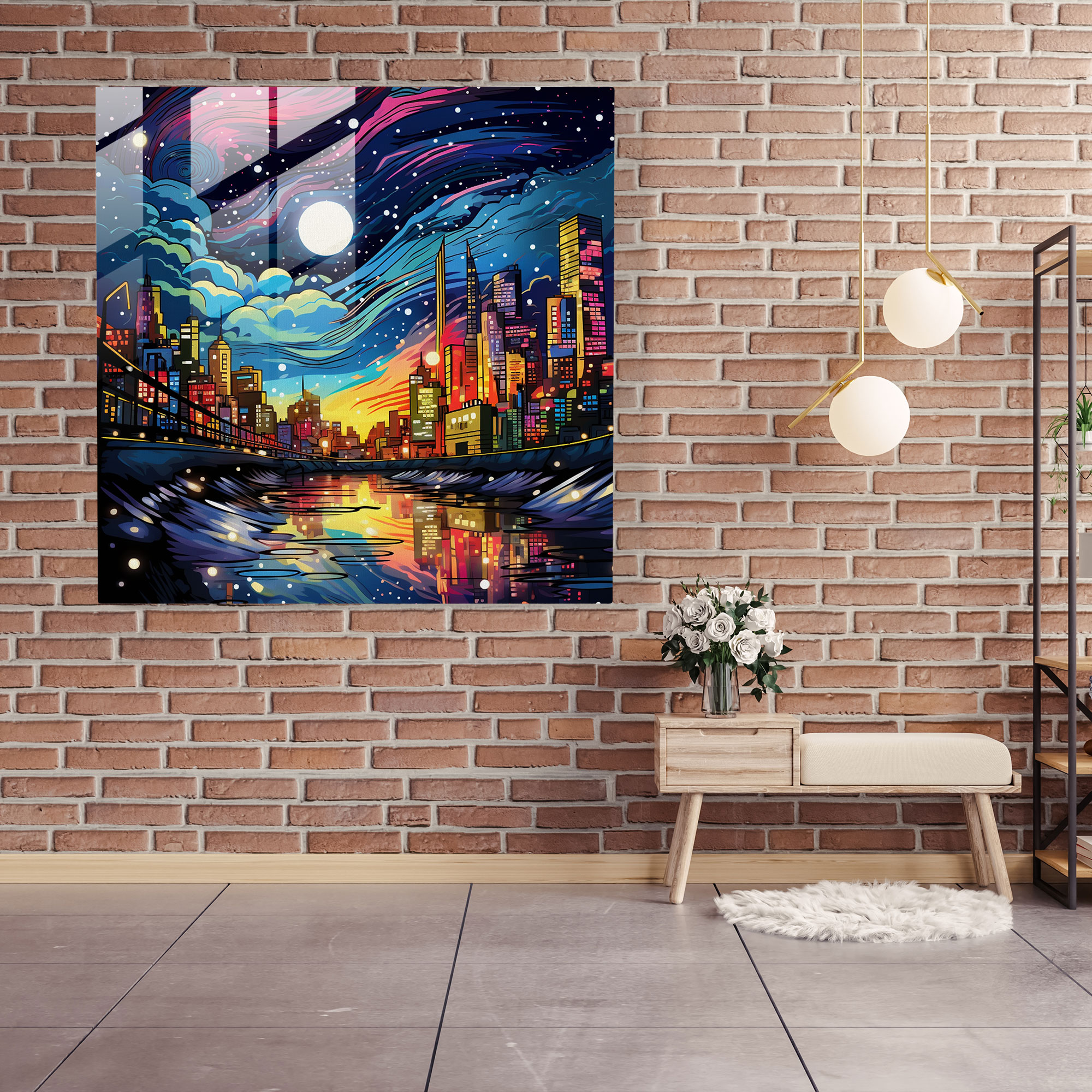 Glimmering City Glass Print - Glitter, Vibrant Cityscape, Pop Art Illustration, Glitter