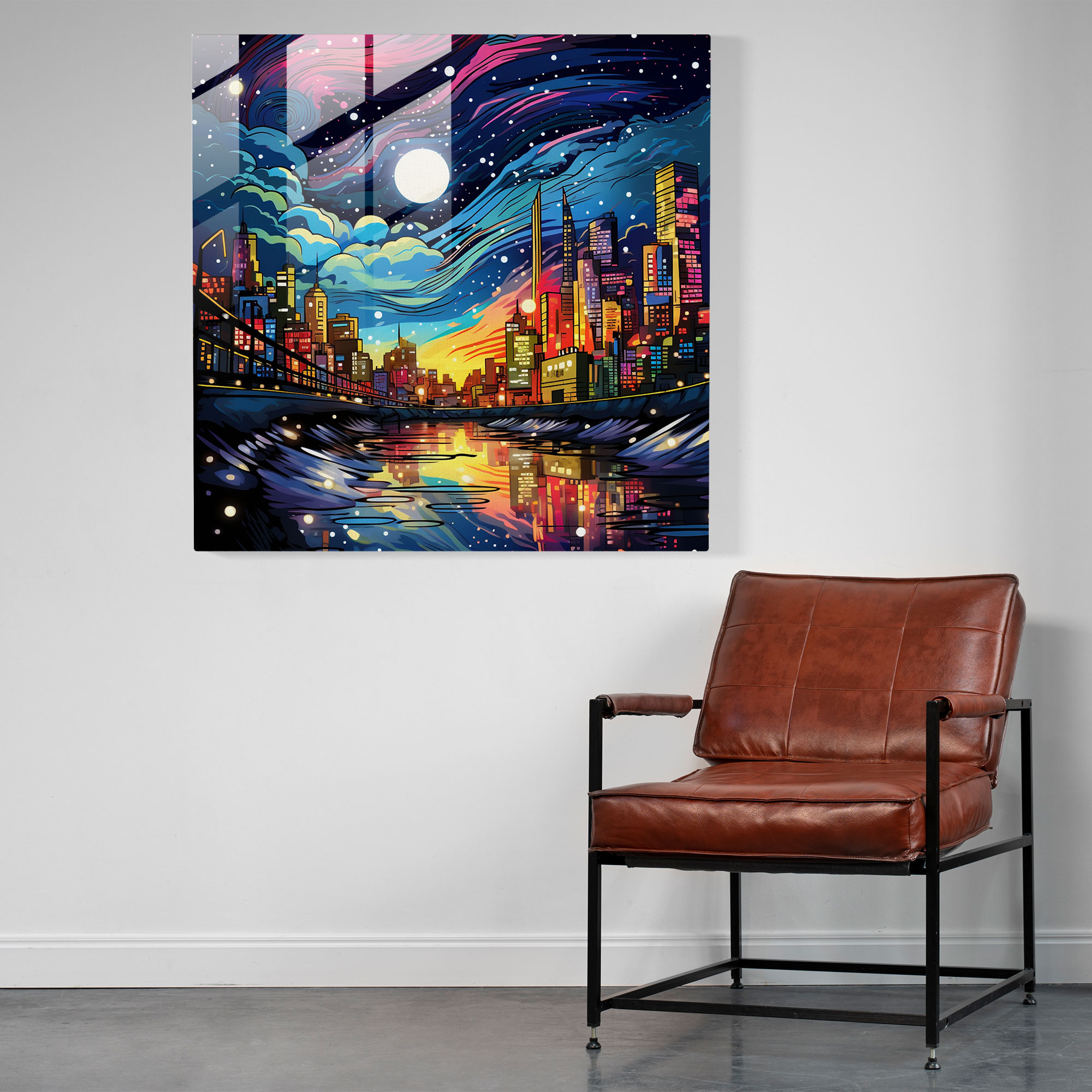 Glimmering City Glass Print - Glitter, Vibrant Cityscape, Pop Art Illustration, Glitter