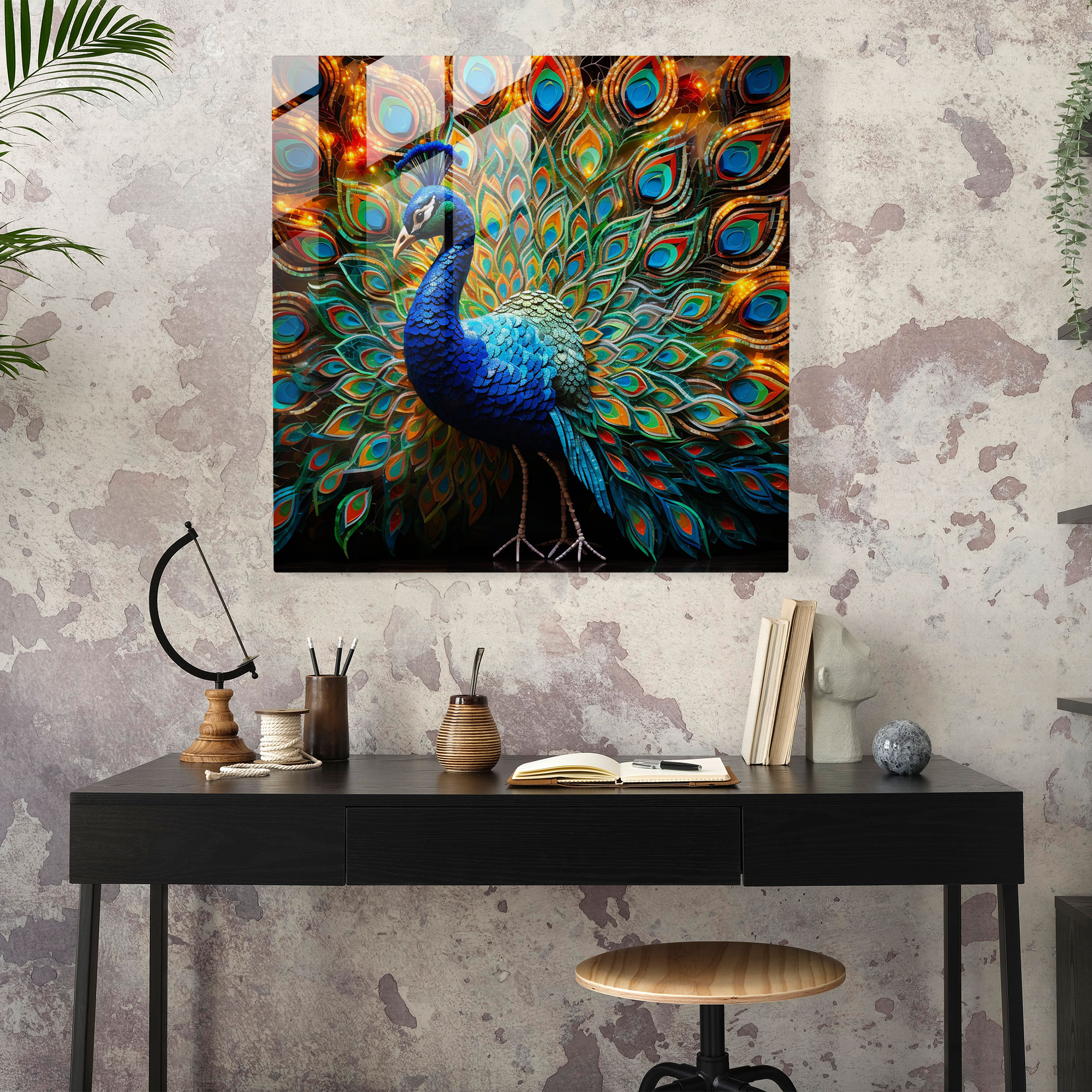 Glitzer Pfau Glasbild - Mosaikfliesen Glanz Opulenz