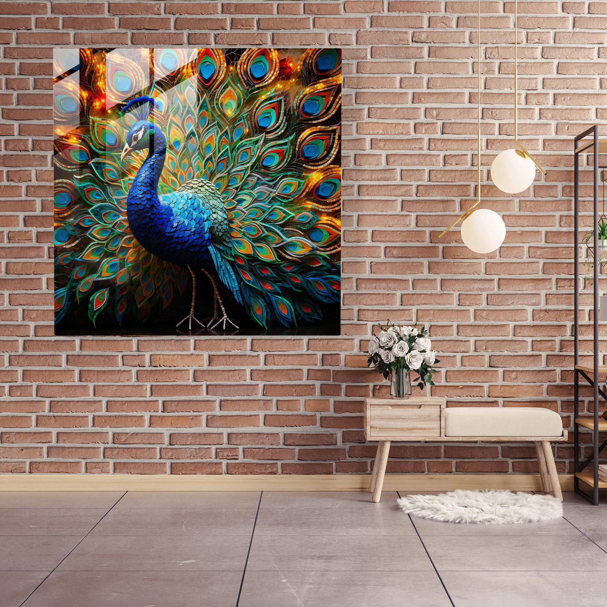 Glitzer Pfau Glasbild - Mosaikfliesen Glanz Opulenz