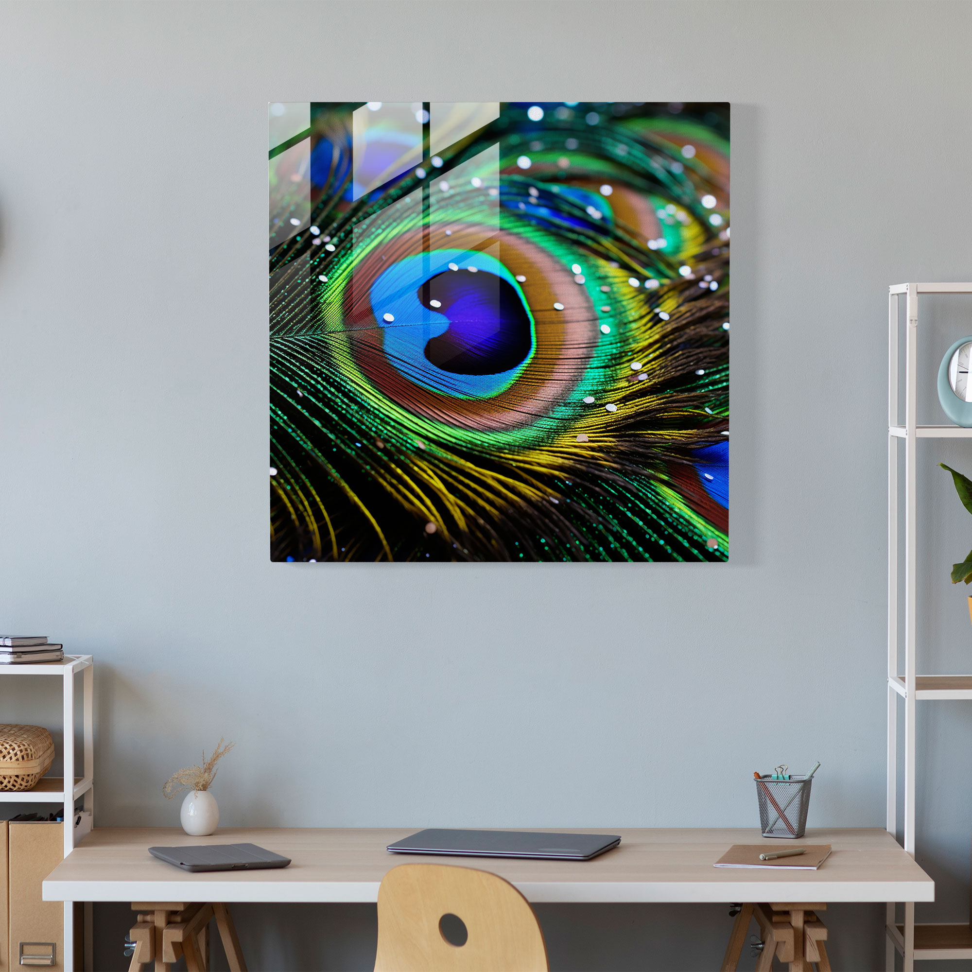 Glistening Peacock Glass Print - Glitter, Modern Art, Opulence, Majestic Beauty
