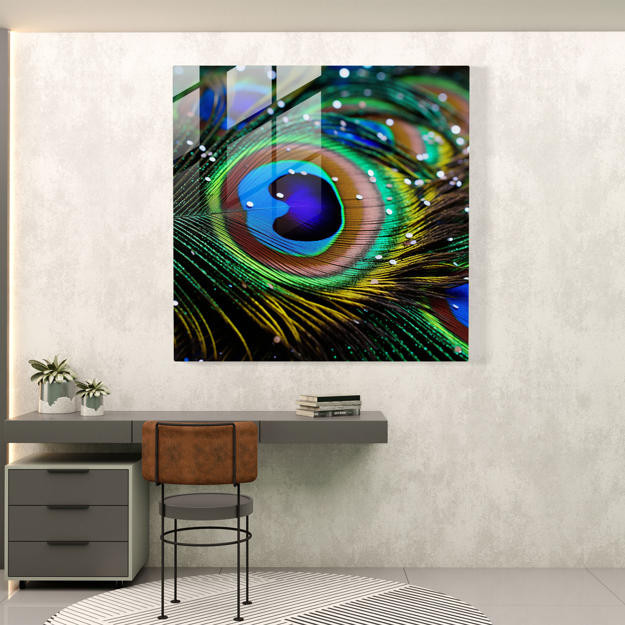 Glistening Peacock Glass Print - Glitter, Modern Art, Opulence, Majestic Beauty