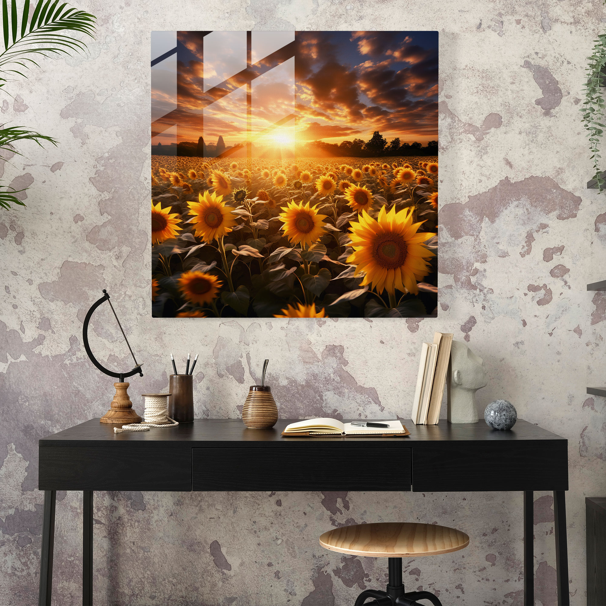 Shimmering Sunflowers Glass Print - Glitter, Glass Art, Mesmerizing, Glass Wall Art
