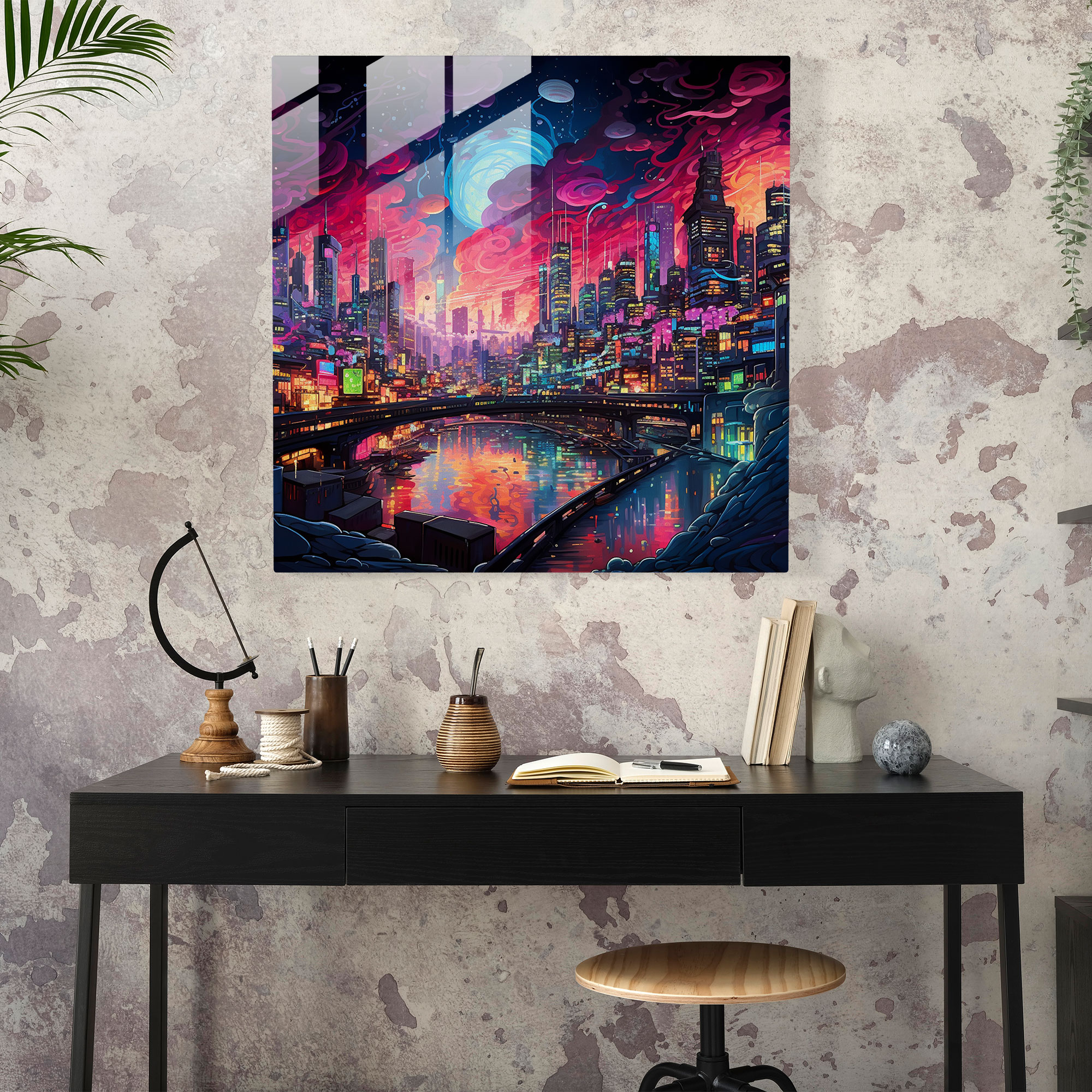 Neon City Nights Glass Print - Glitter, Glass Wall Art, Glitter, Modern Art