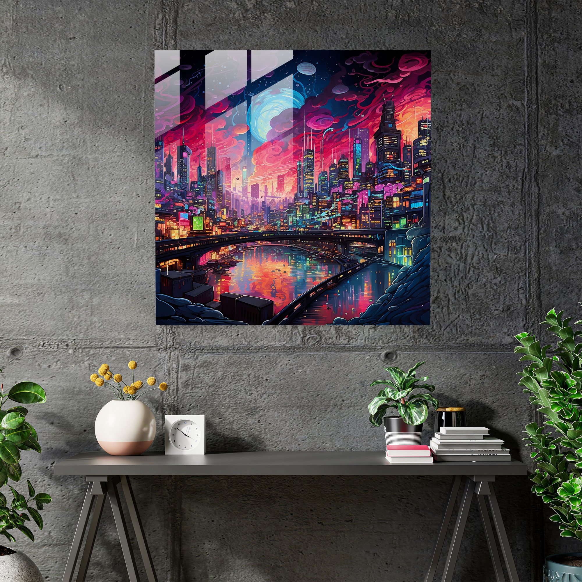 Neon City Nights Glass Print - Glitter, Glass Wall Art, Glitter, Modern Art