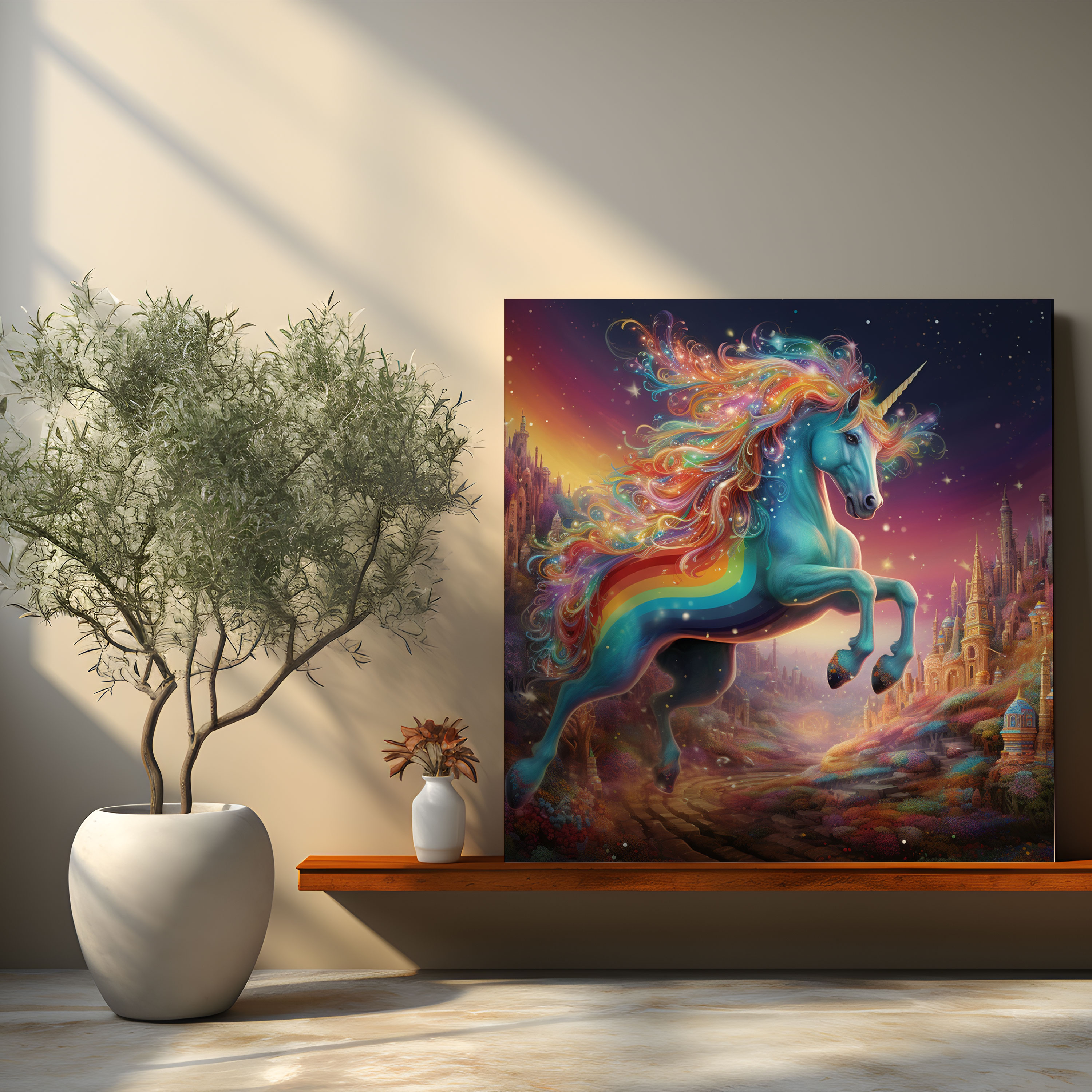 Glitter Wall Decoration - Rainbow Unicorn Canvas Print - Glitter, Colorful, Canvas Print, Enchantment