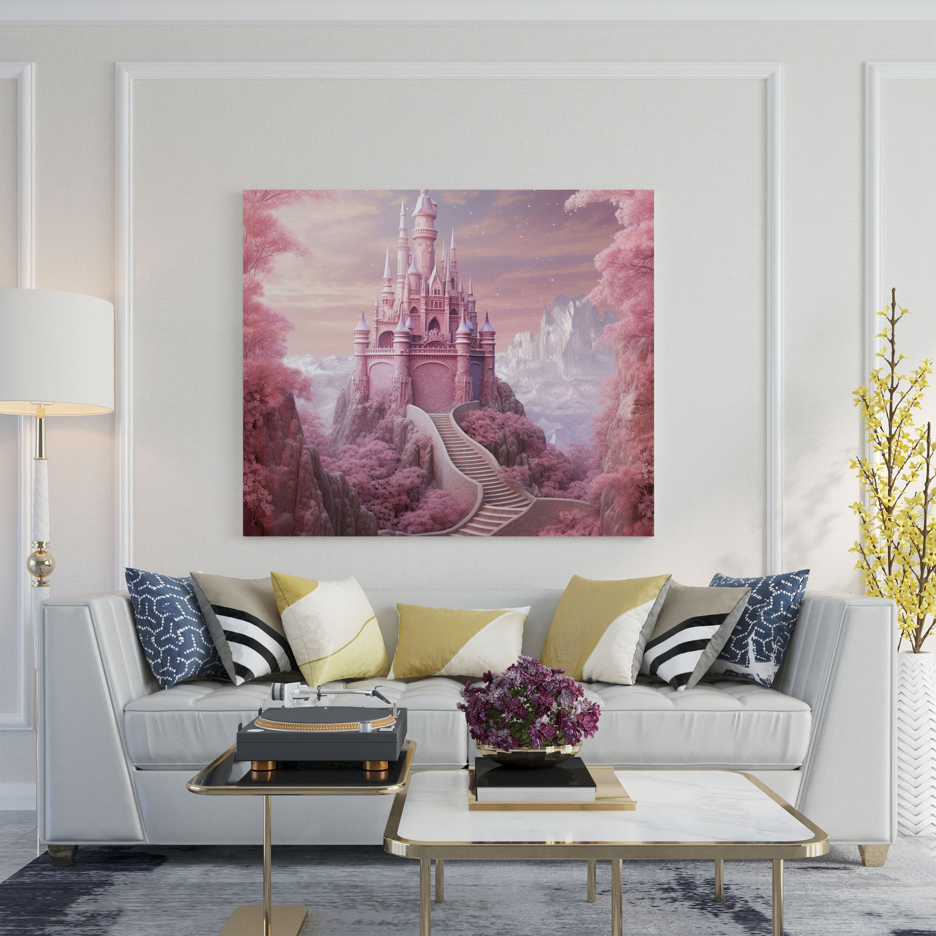 Pink Sparkling Glitter Princess Castle Canvas Print - Glitter, Fantasy, Wall Art, High Quality