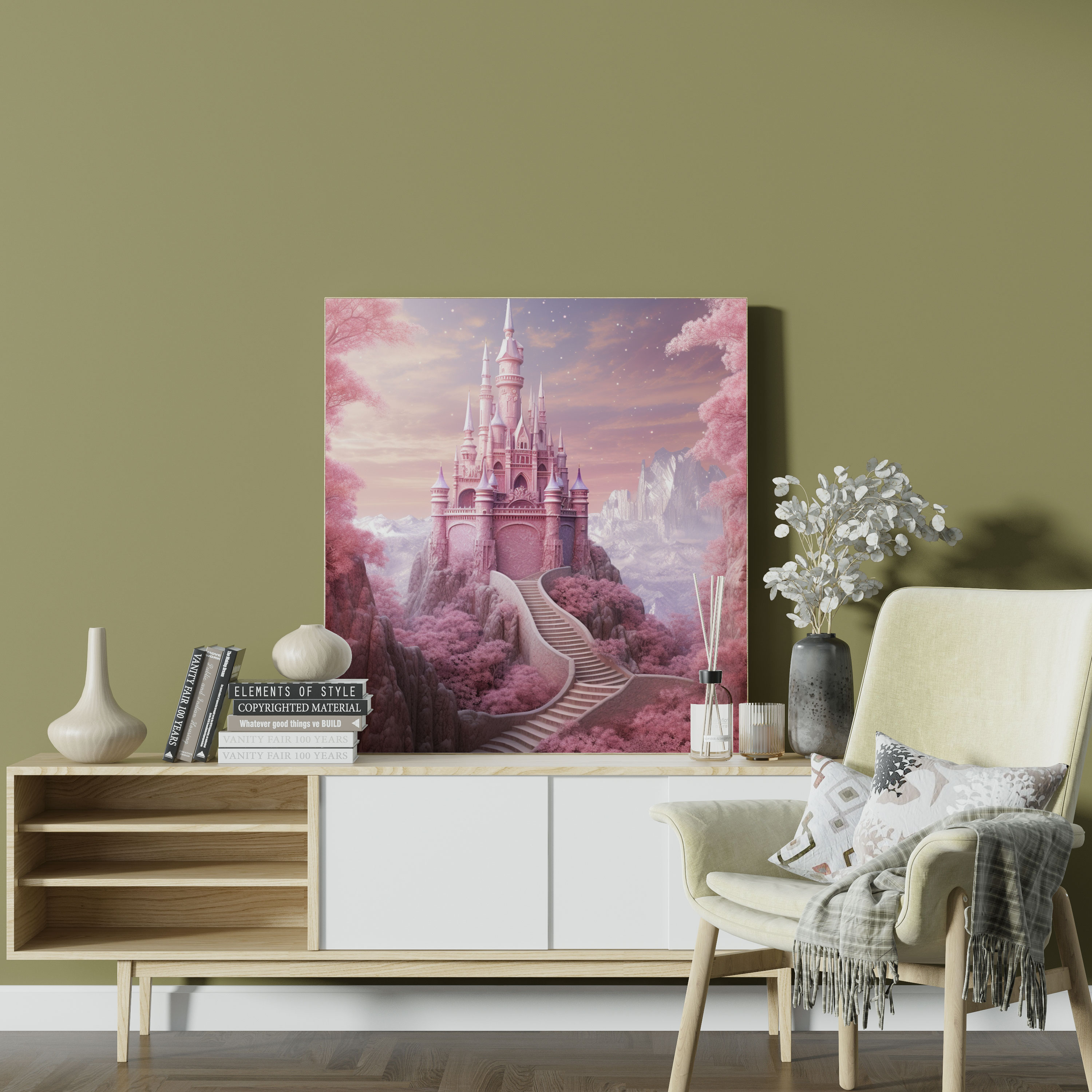 Pink Sparkling Glitter Princess Castle Canvas Print - Glitter, Fantasy, Wall Art, High Quality