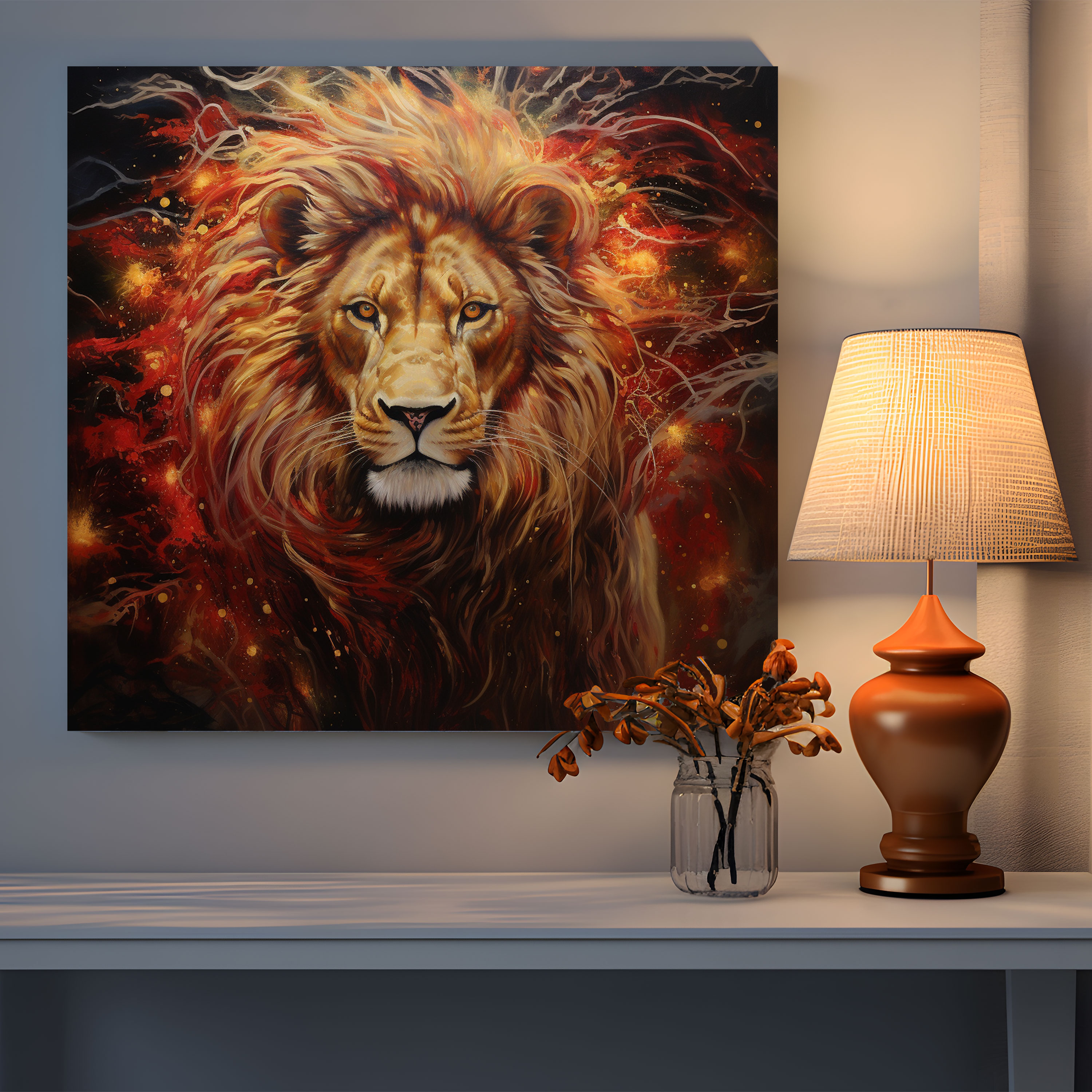 Red & Gold Glitter Roaring Lion Canvas Print - Glitter, Wall Art, Bold Statement, Red And Gold