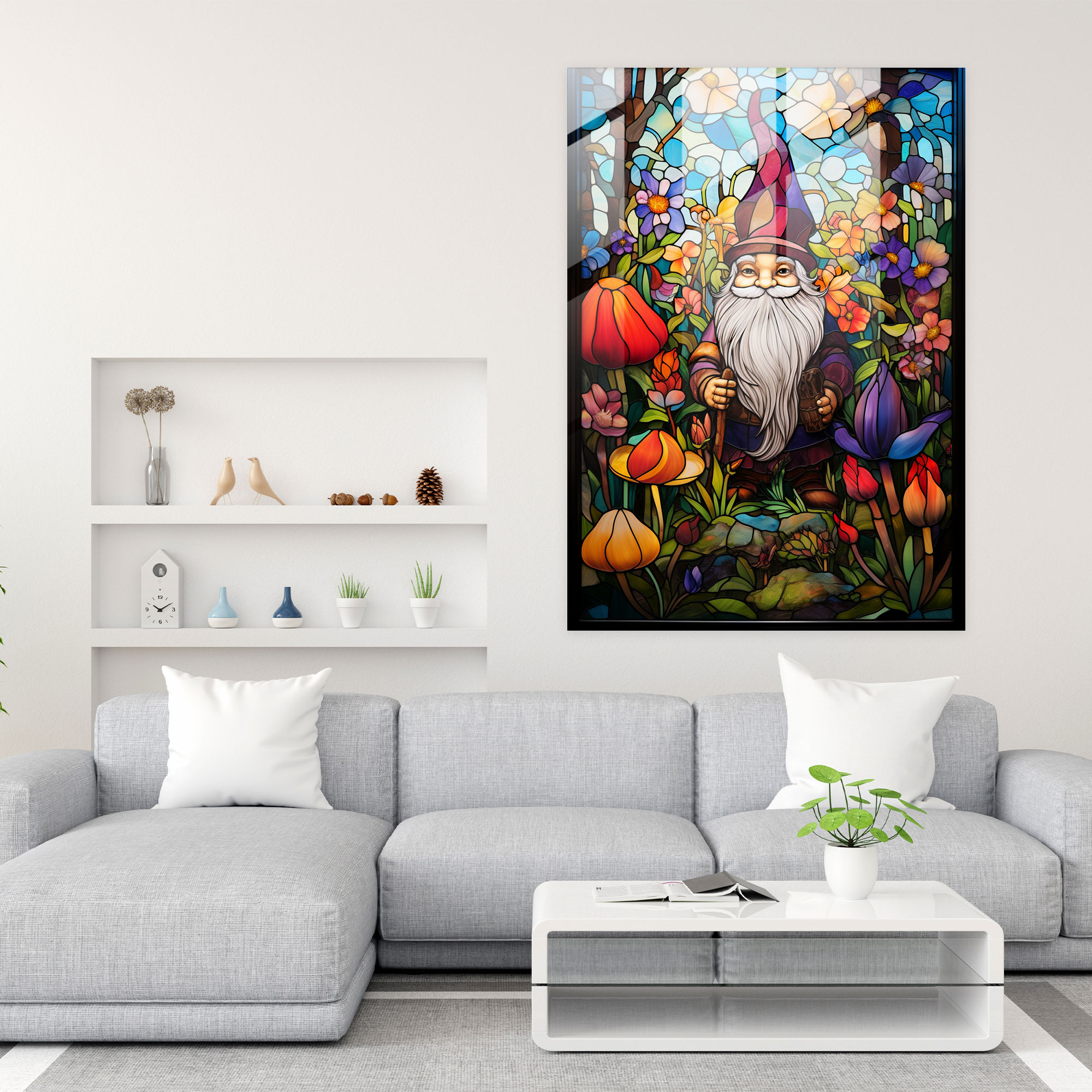 Stained Glass Gnome Art - Gnome, Intricate Details, Lush Garden, Modern Art