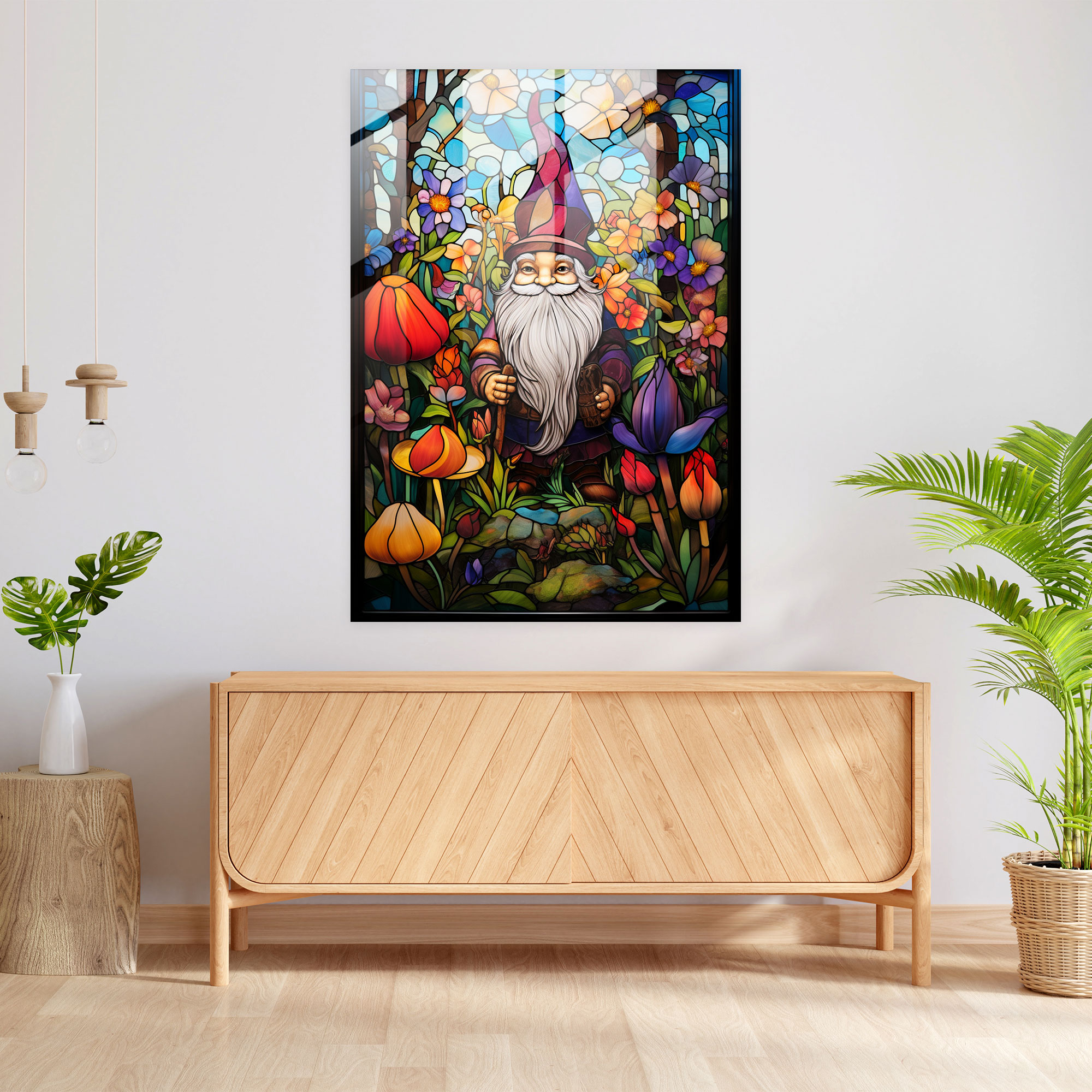 Stained Glass Gnome Art - Gnome, Intricate Details, Lush Garden, Modern Art
