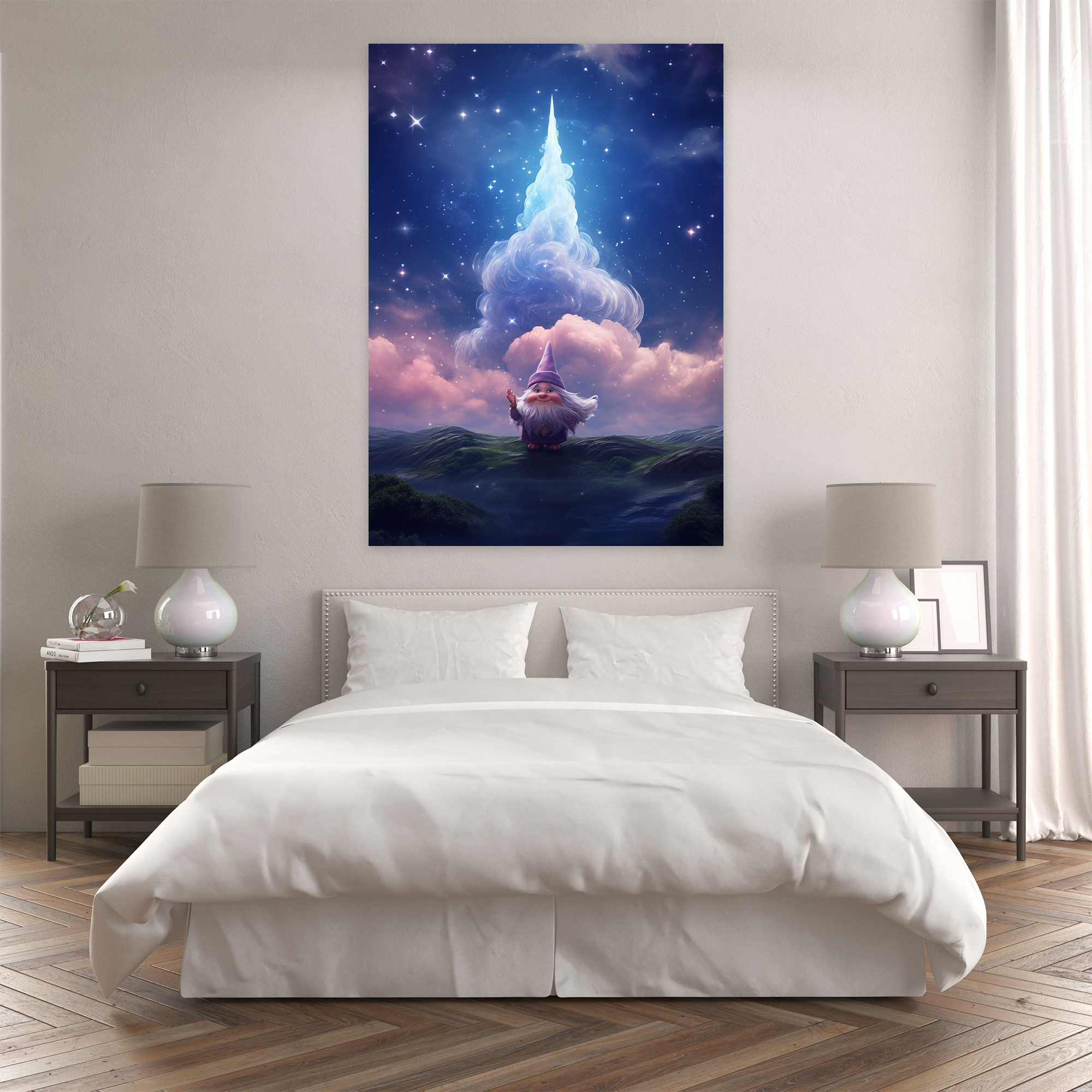 Gnome Canvas Print - Surreal Digital Artwork - Gnome, Canvas, Canvas Print, Clouds And Stars