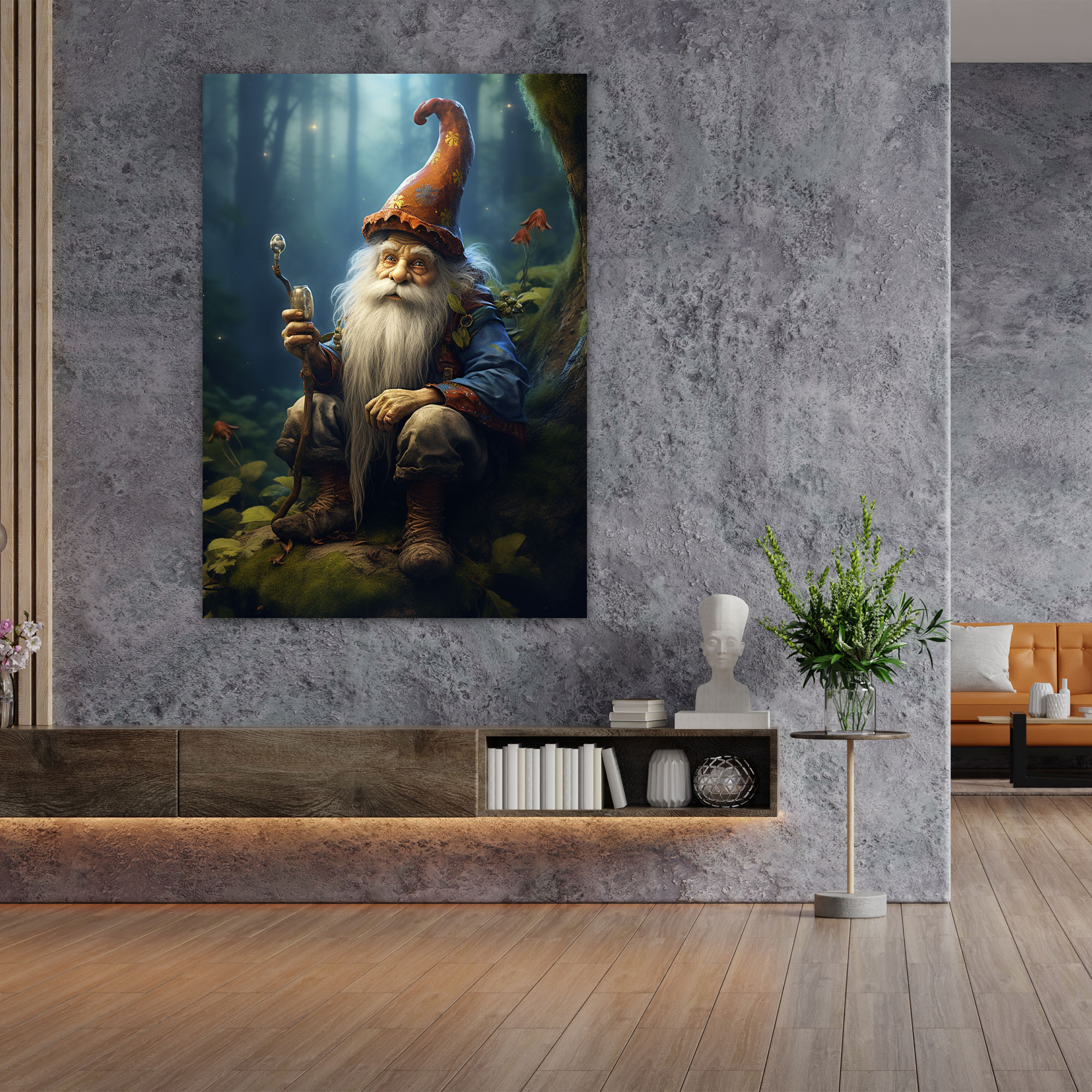 Gnome Canvas Print - Realistic Digital Painting - Gnome, Realistic Digital Painting, Woodland Setting, Home Decoration