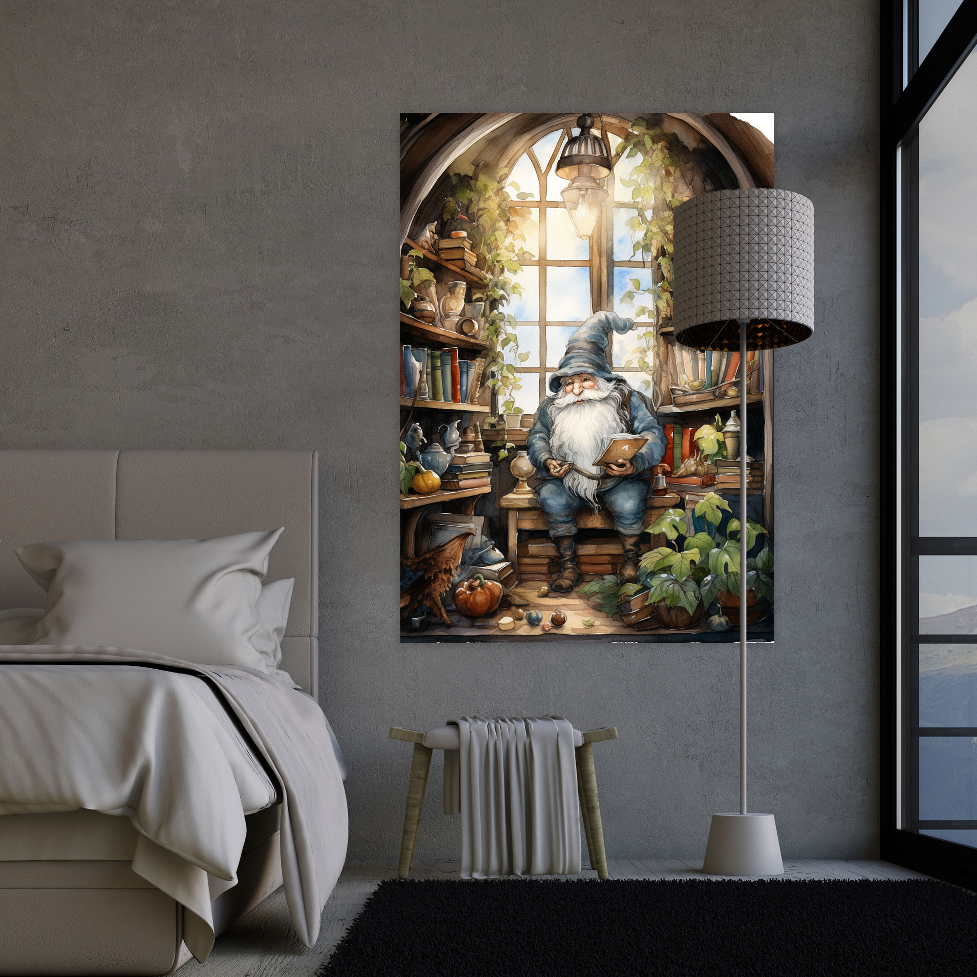 Magical Library Gnome Canvas Print - Gnome, Cozy Library, Magical Tomes, Wall Art