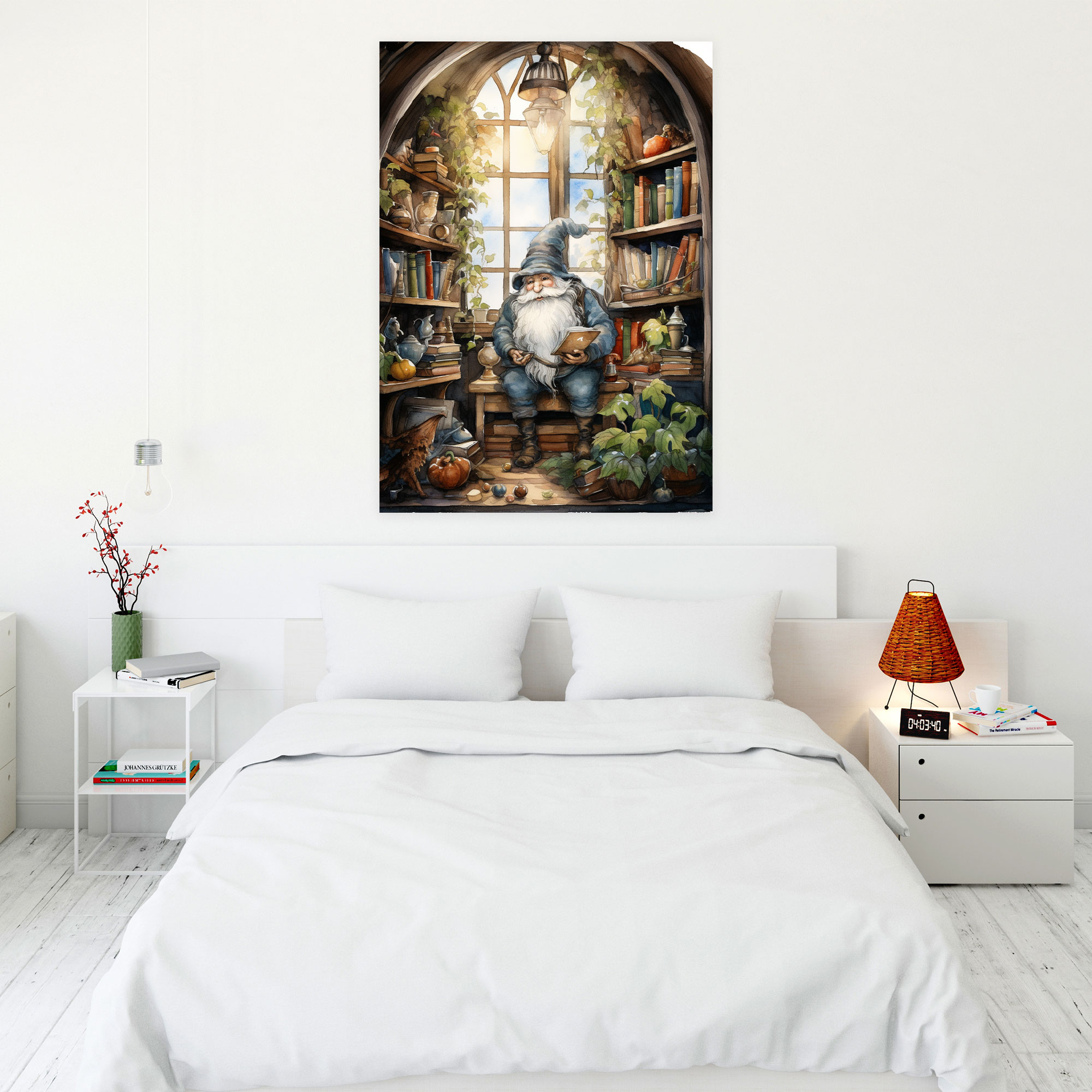 Magical Library Gnome Canvas Print - Gnome, Cozy Library, Magical Tomes, Wall Art
