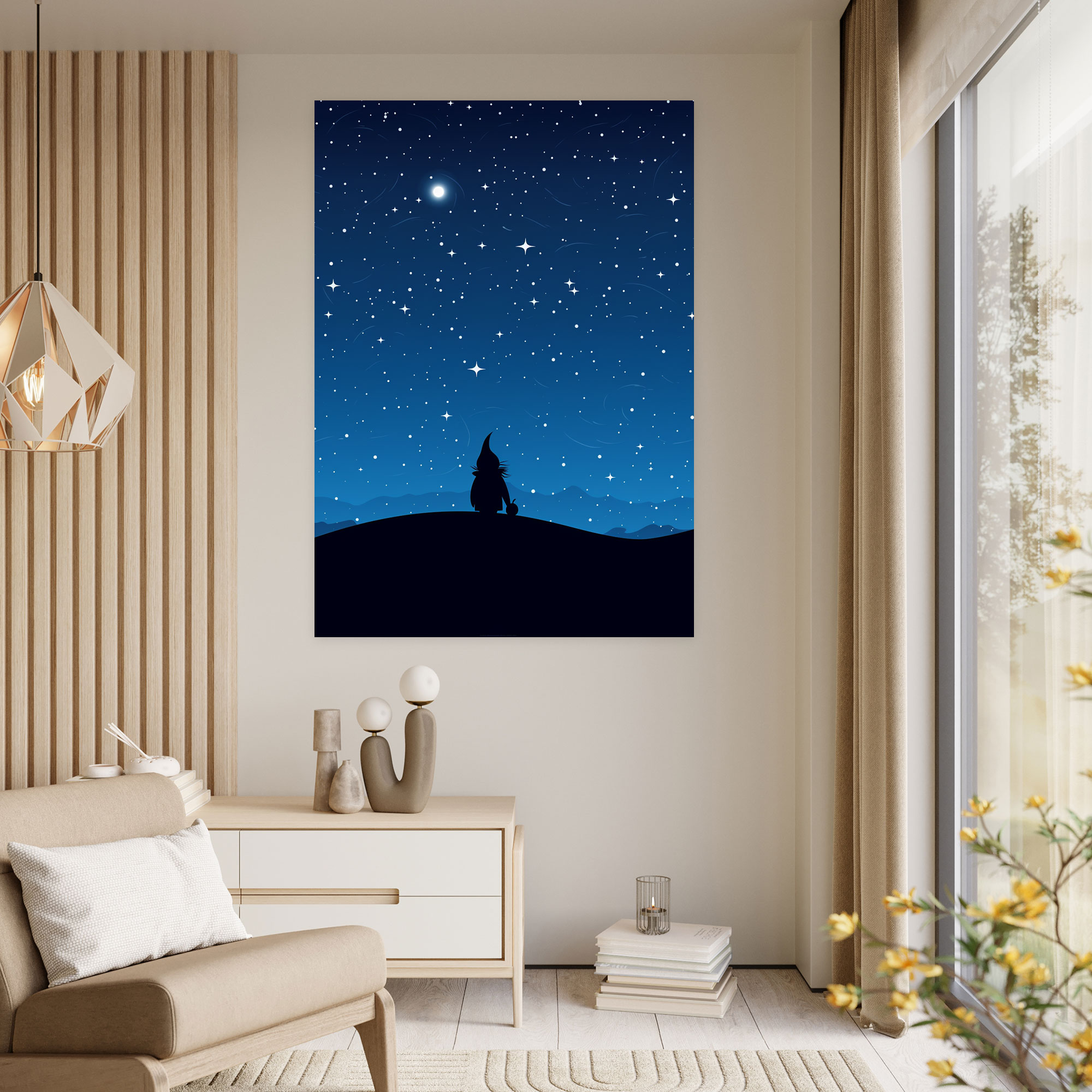 Starry Night Gnome Canvas Print - Gnome, Dreamy Ambiance, Starry Night Sky, Moon Backdrop