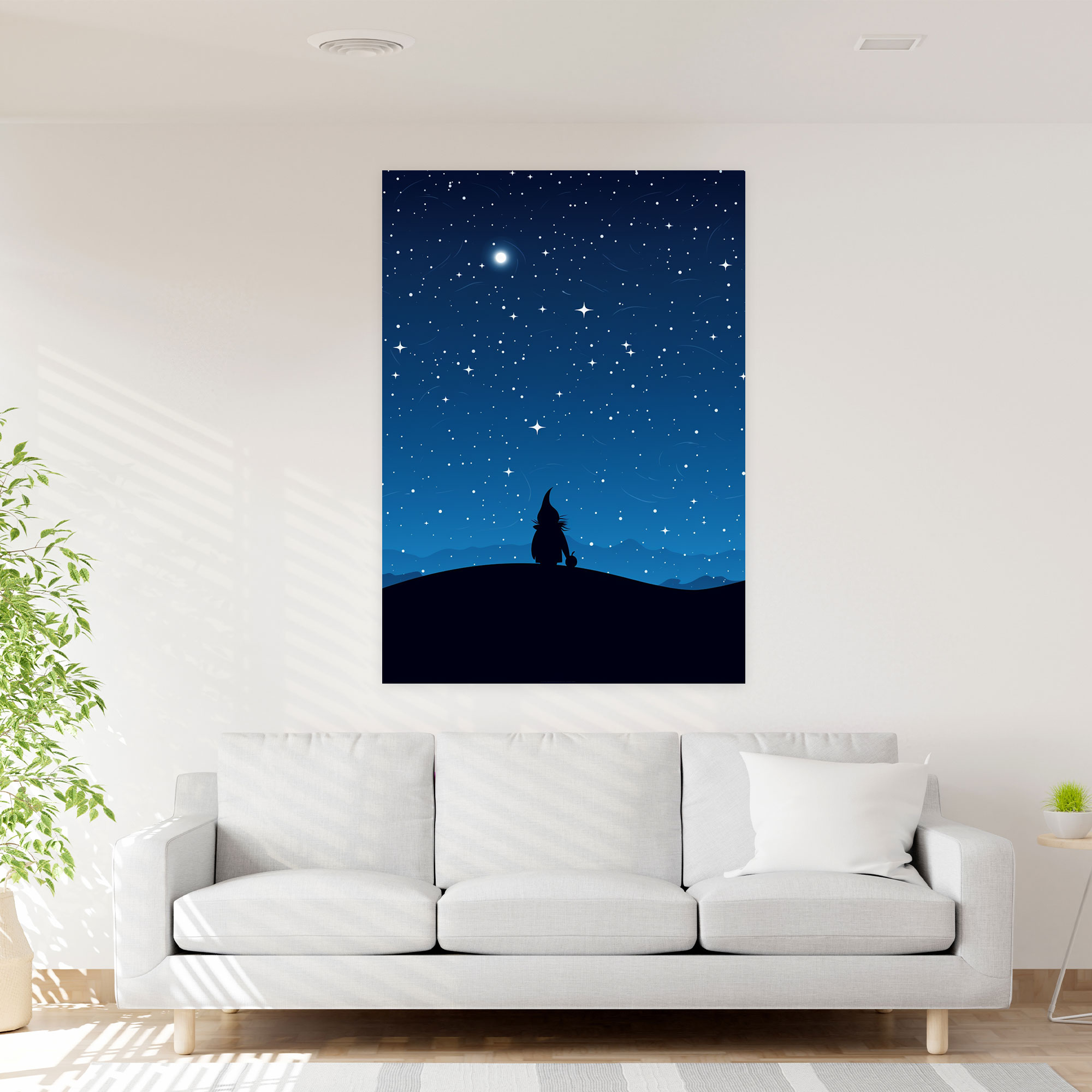 Starry Night Gnome Canvas Print - Gnome, Dreamy Ambiance, Starry Night Sky, Moon Backdrop
