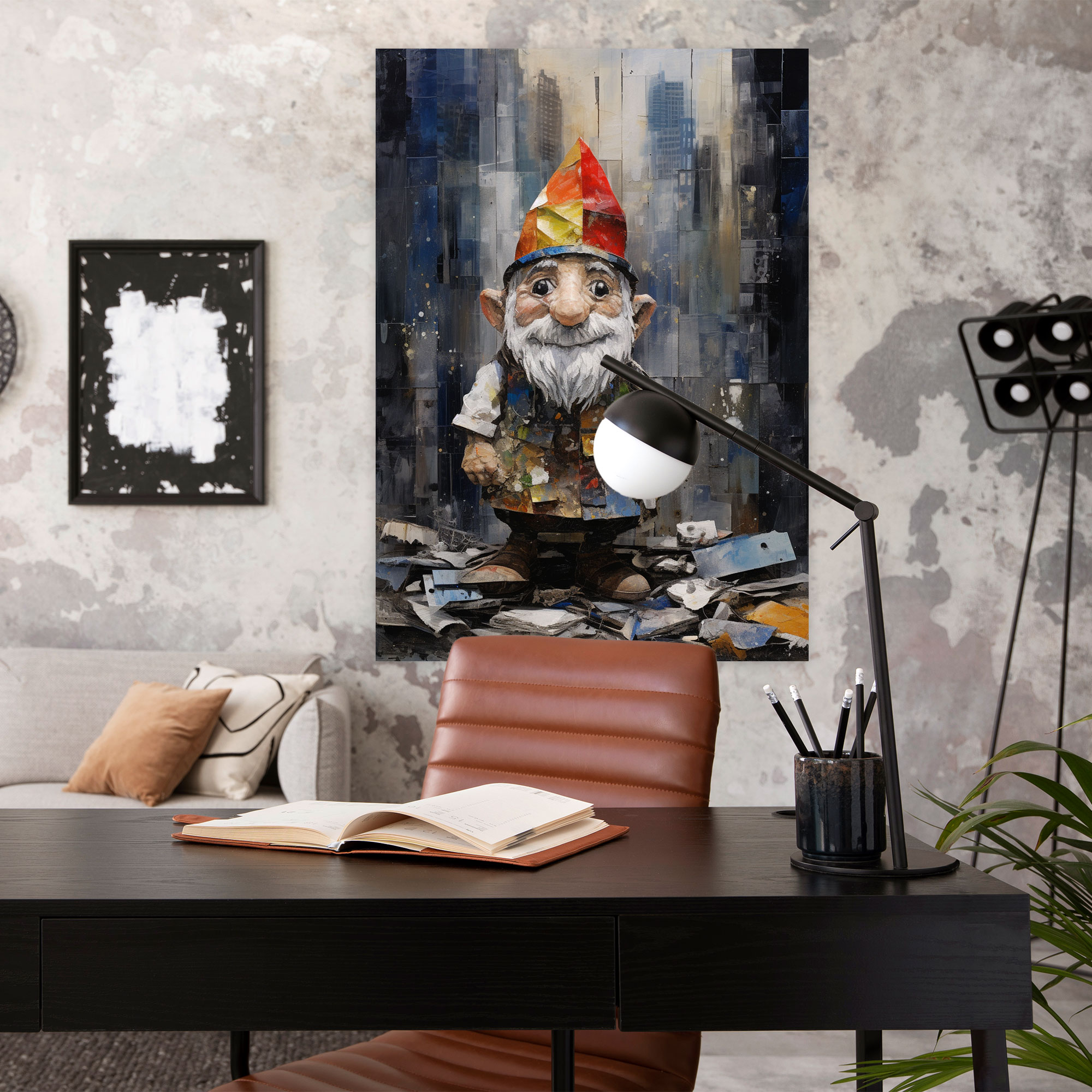 Gnome Canvas Print - Contemporary Mixed Media Wall Art - Gnome, Dynamic Urban Setting, Gnome, Canvas Print