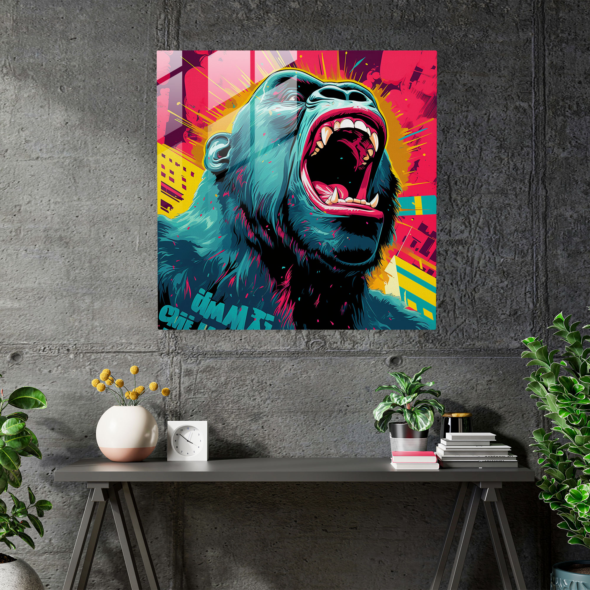Goril Pop Sanat Cam Tablo - Pop Sanat Tarzı Modern Sanat Duvar Dekorasyonu