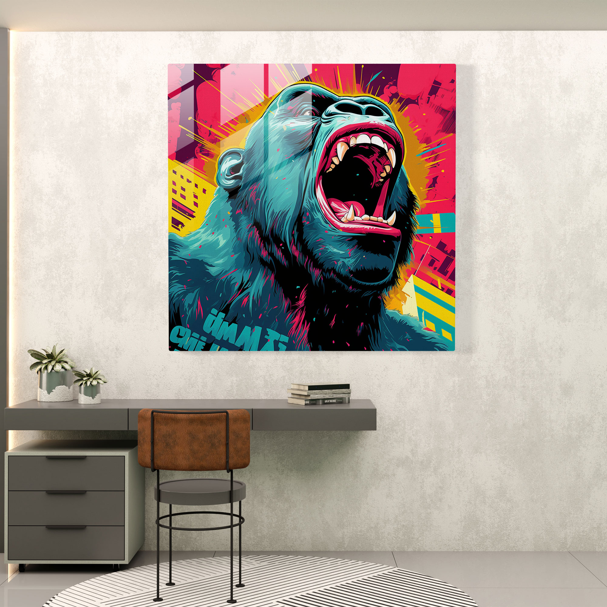 Goril Pop Sanat Cam Tablo - Pop Sanat Tarzı Modern Sanat Duvar Dekorasyonu