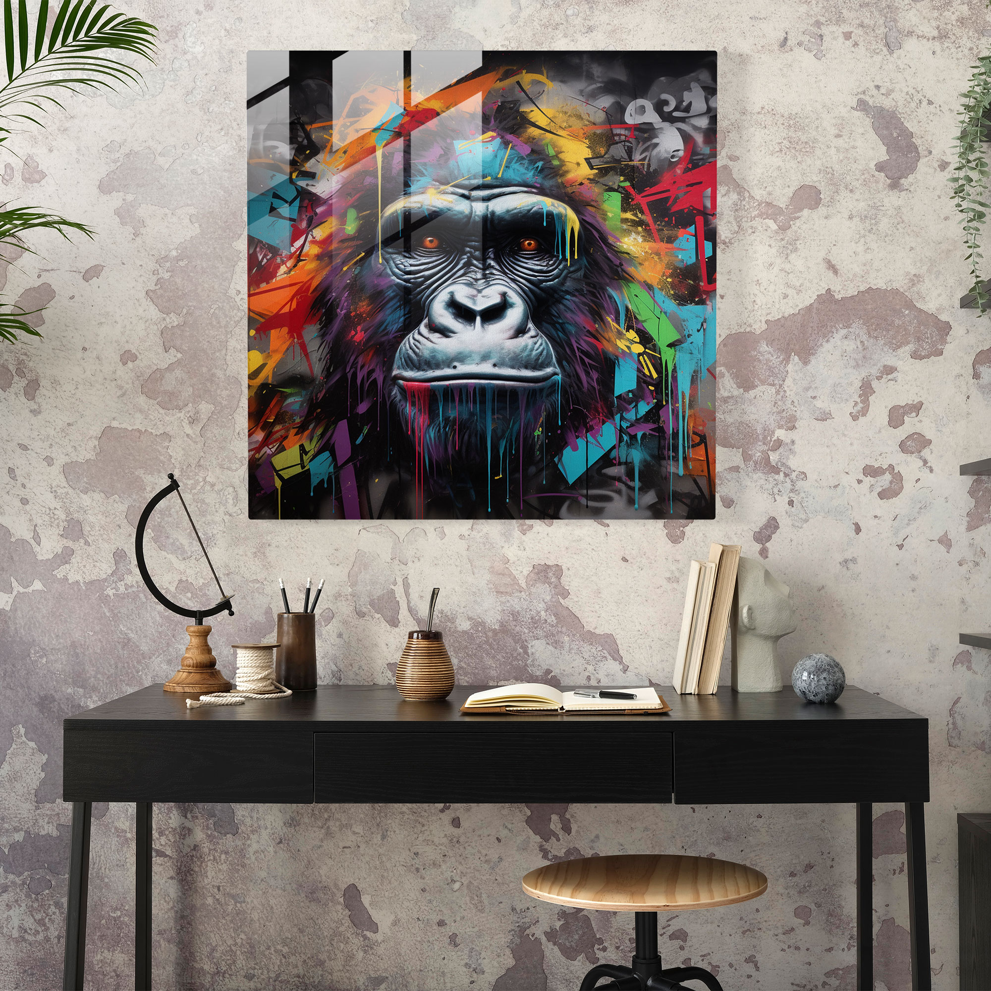Gorilla Glass Print - Graffiti-Style Mural - Gorilla, Home Decoration, Glass Print, Street Art