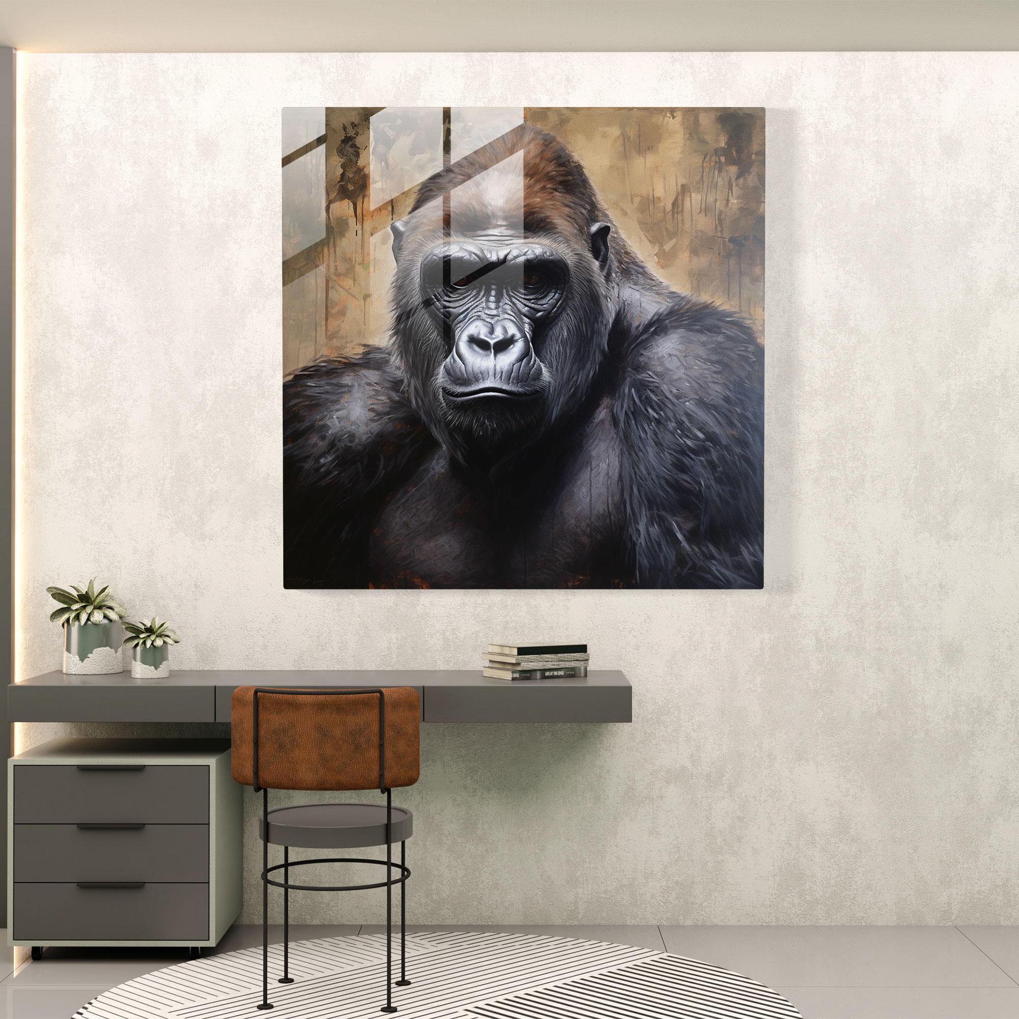 Gorilla Cam Tablo - Gerçekçi Yağlı Boya - Goril Modern Sanat Detaylı Portre Ev Dekorasyonu