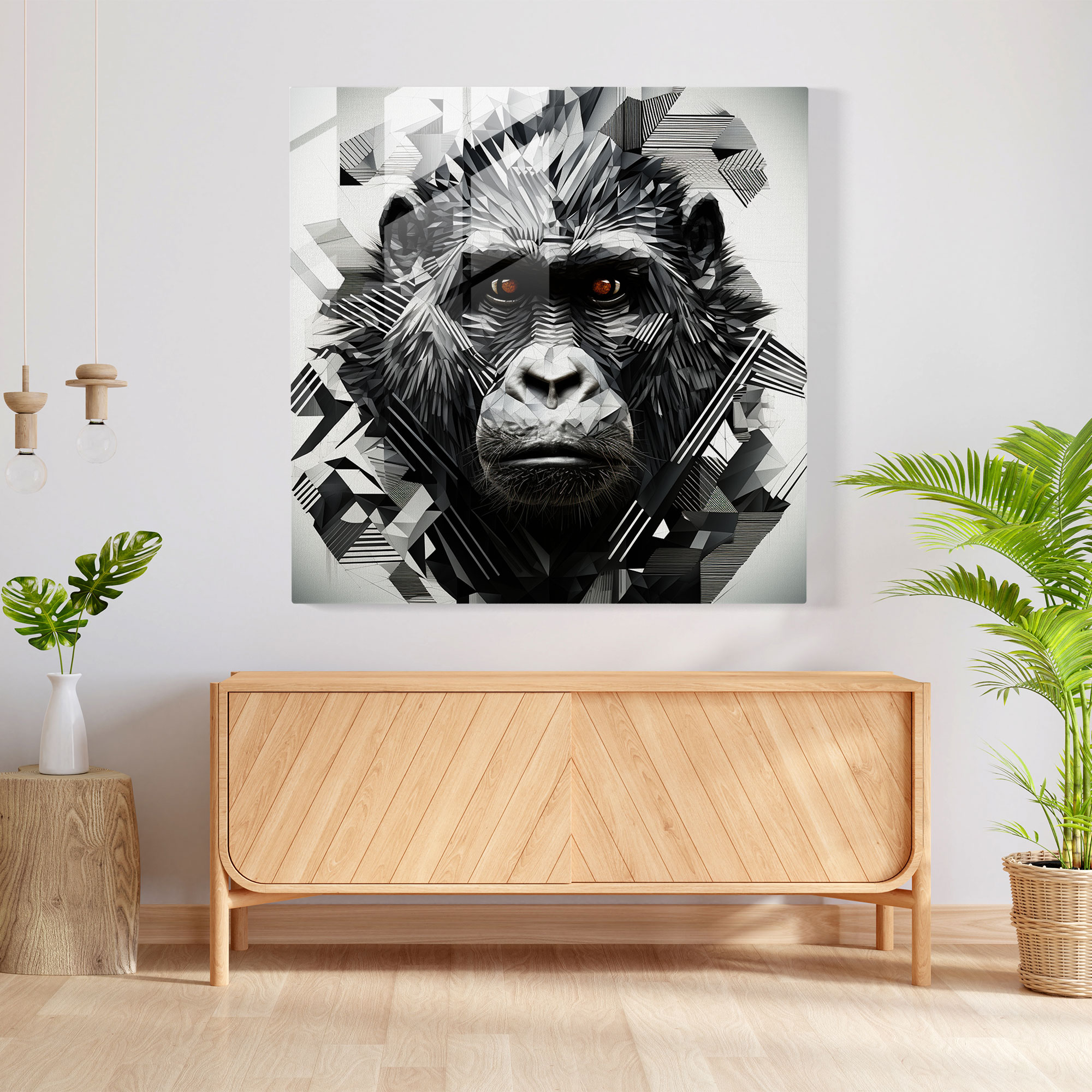 Geometric Gorilla Glass Print - Gorilla, Glass Wall Art, Home Decoration, Contrasting Black And White