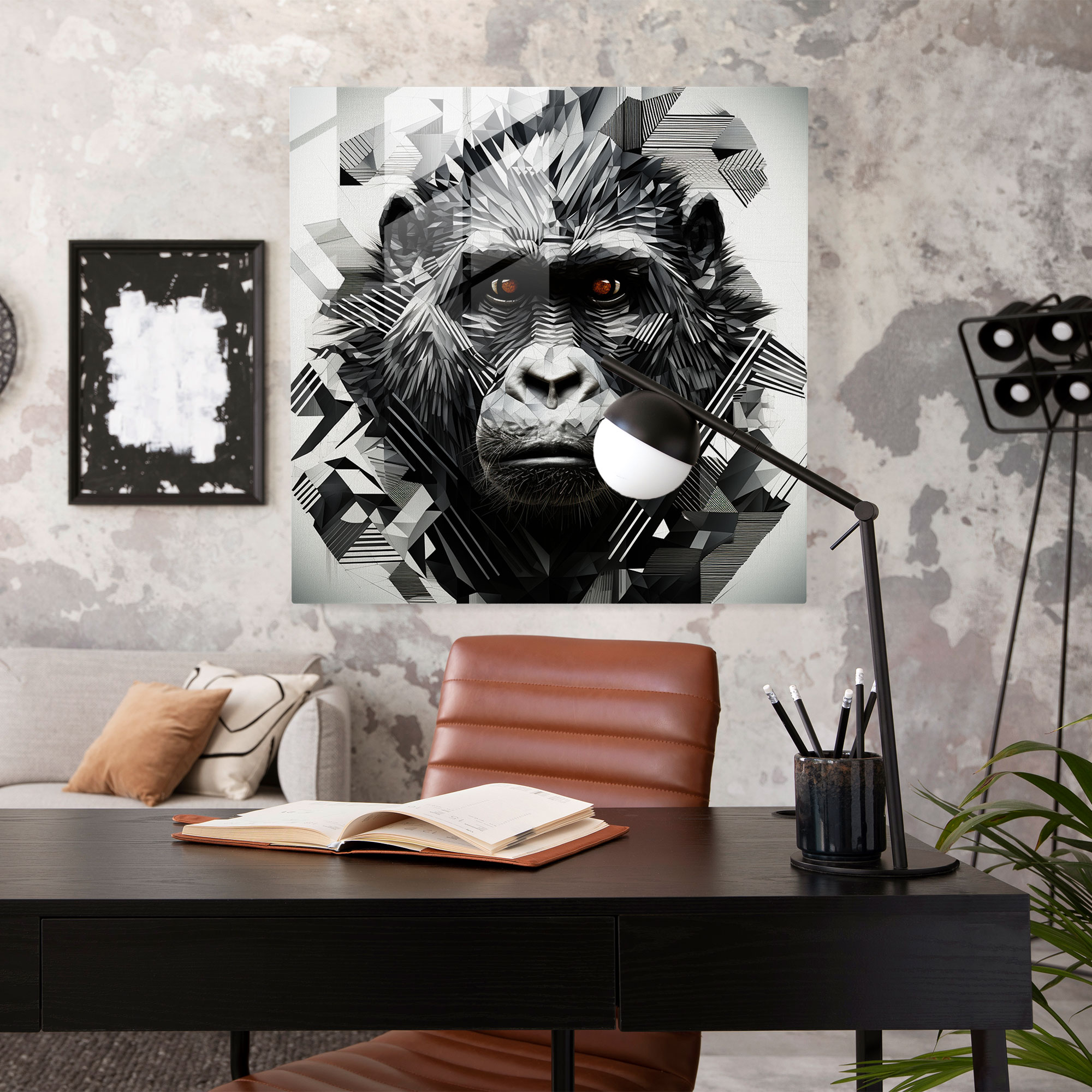 Geometric Gorilla Glass Print - Gorilla, Glass Wall Art, Home Decoration, Contrasting Black And White