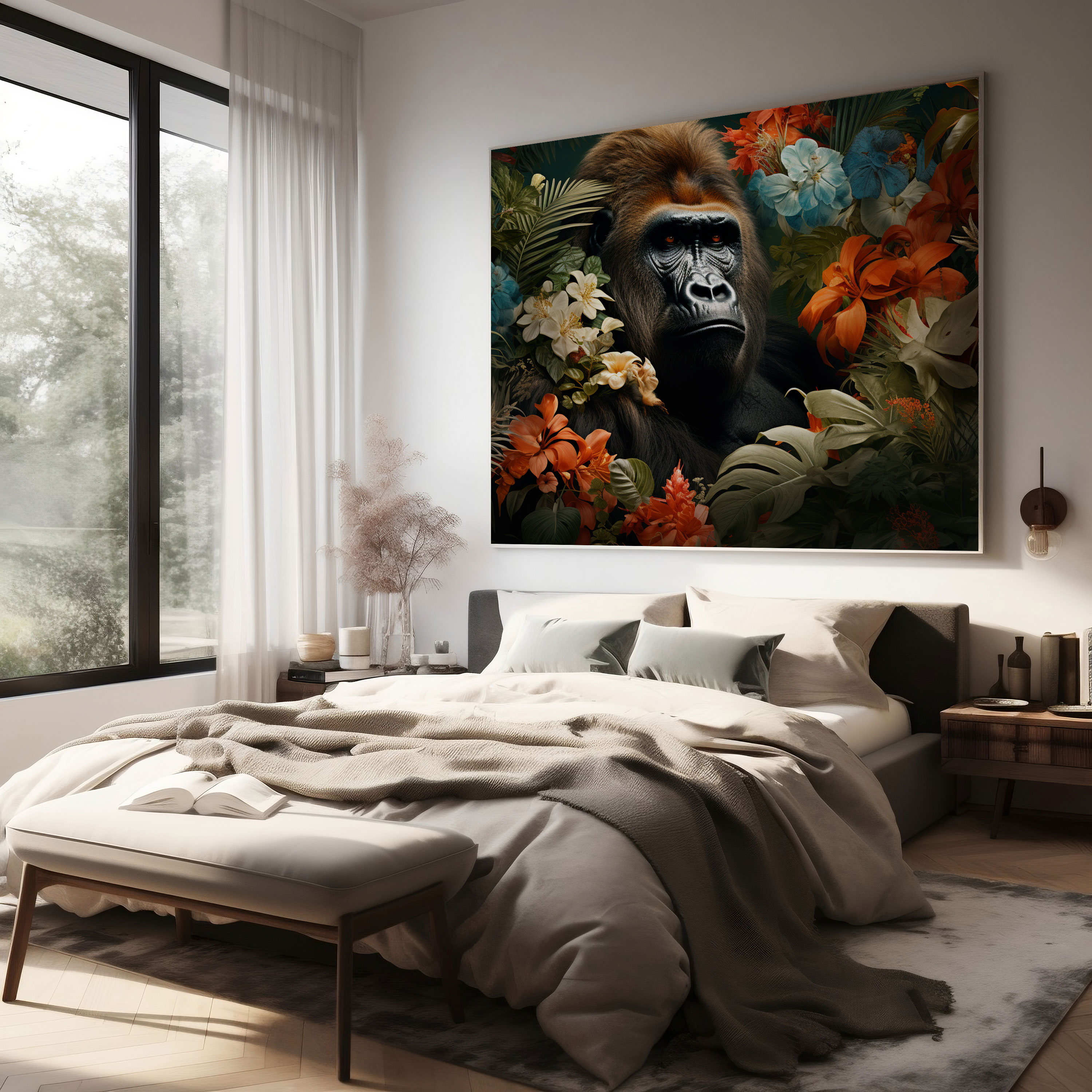 Gorilla Wall Decoration - Gorilla, Exotic Flowers, Wall Decoration, Lush Tropical Foliage