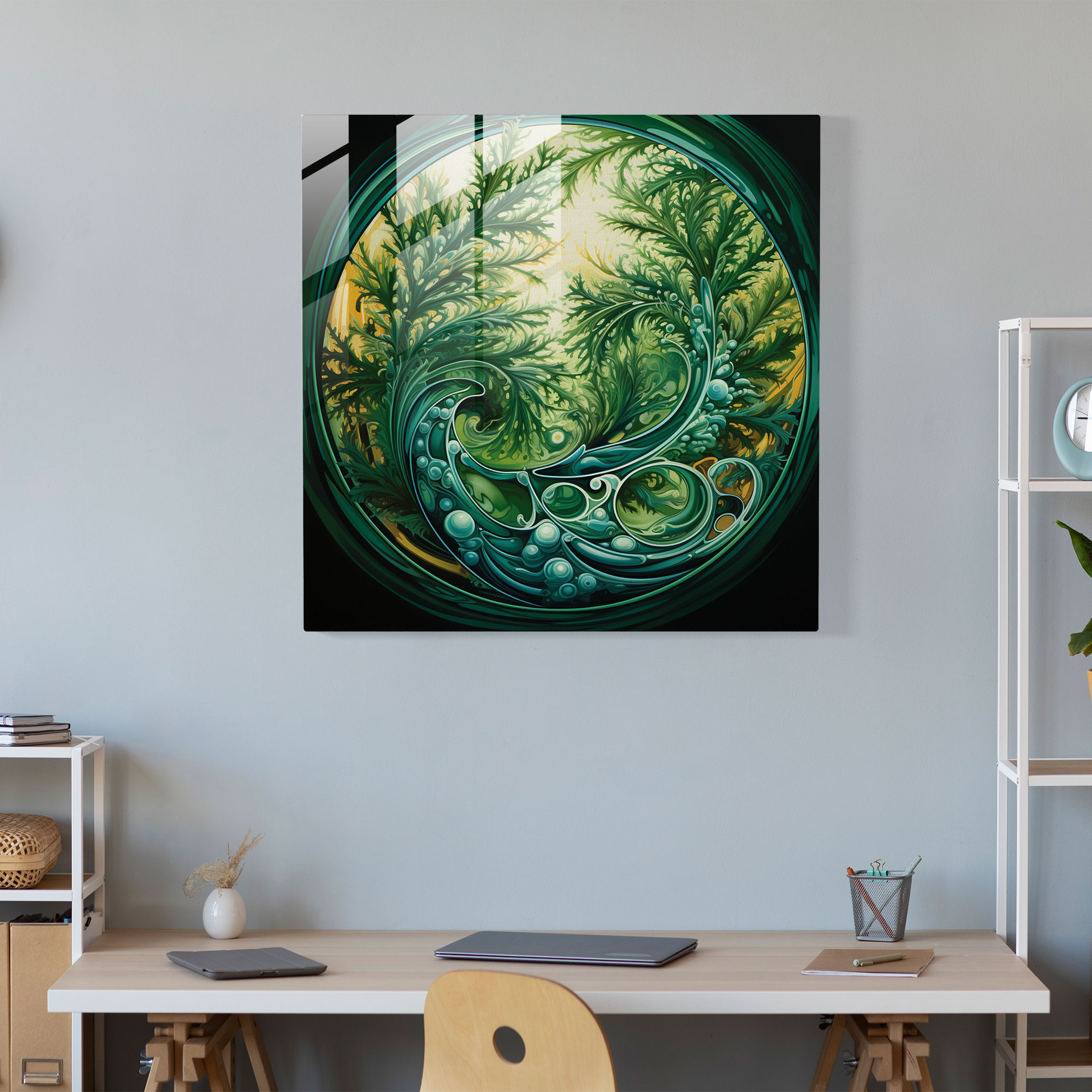 Harmonious Green Pine Glass Print - Spiraling Branches Wall Art - Green Pine, Wall Decoration, Harmonious Art, Green Pine