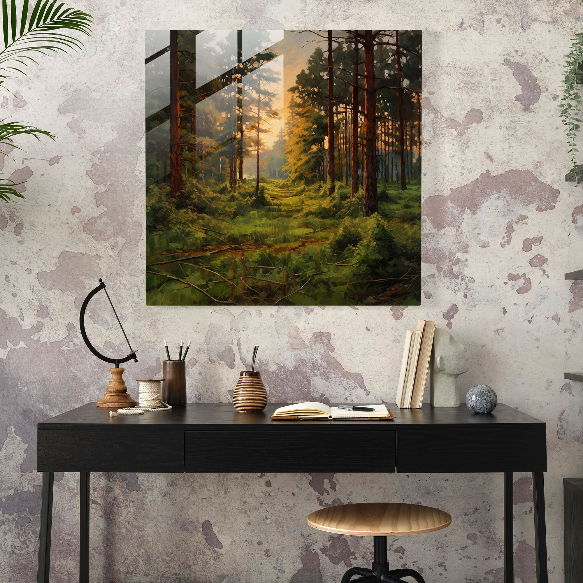 Green Pine Impressionistic Glass Print - Green Pine, Modern Art, Glass Art, Impressionistic Painting